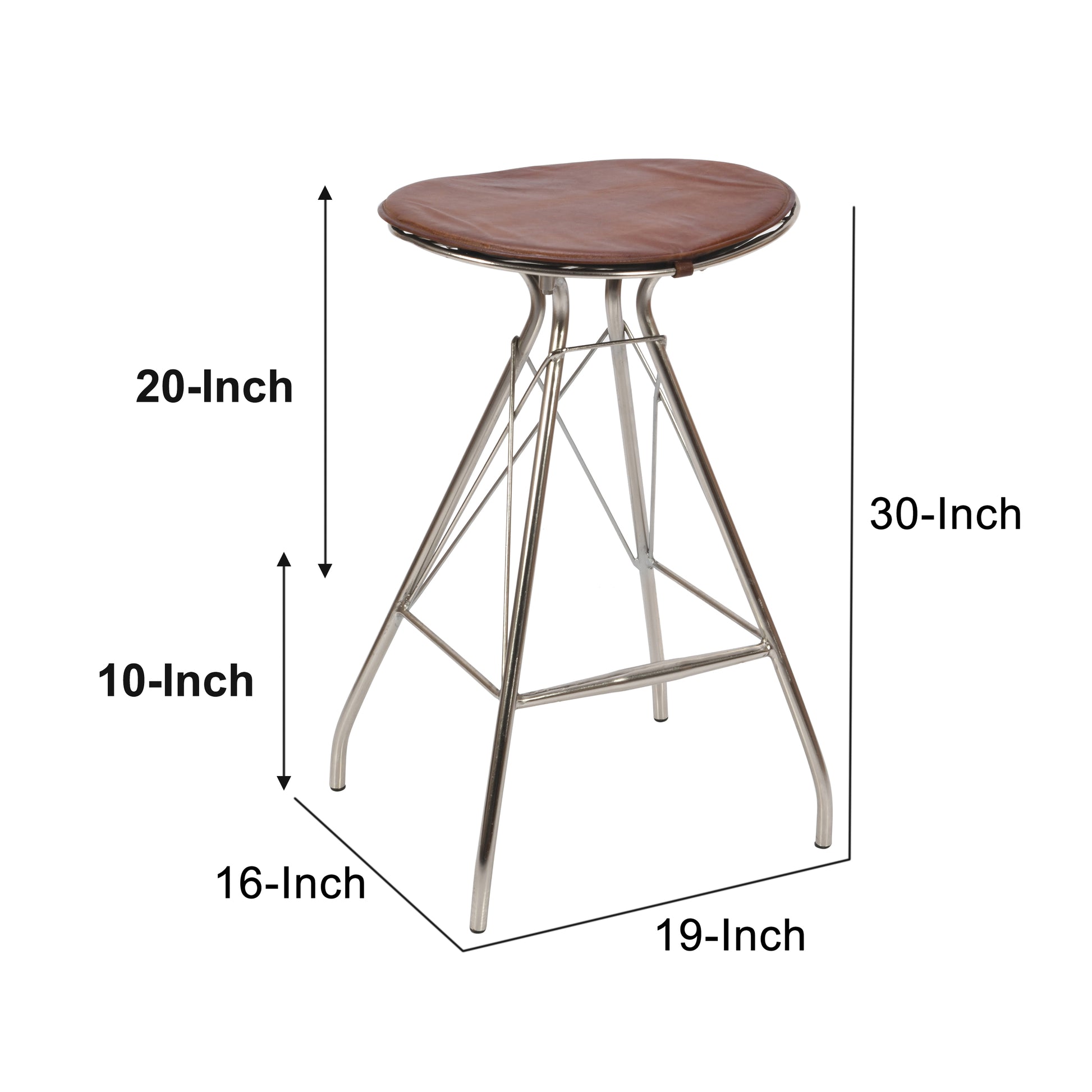 30 Inch Metal Frame Bar Stool, Round Genuine Leather Seat, Dark Brown, Silver Silver Iron