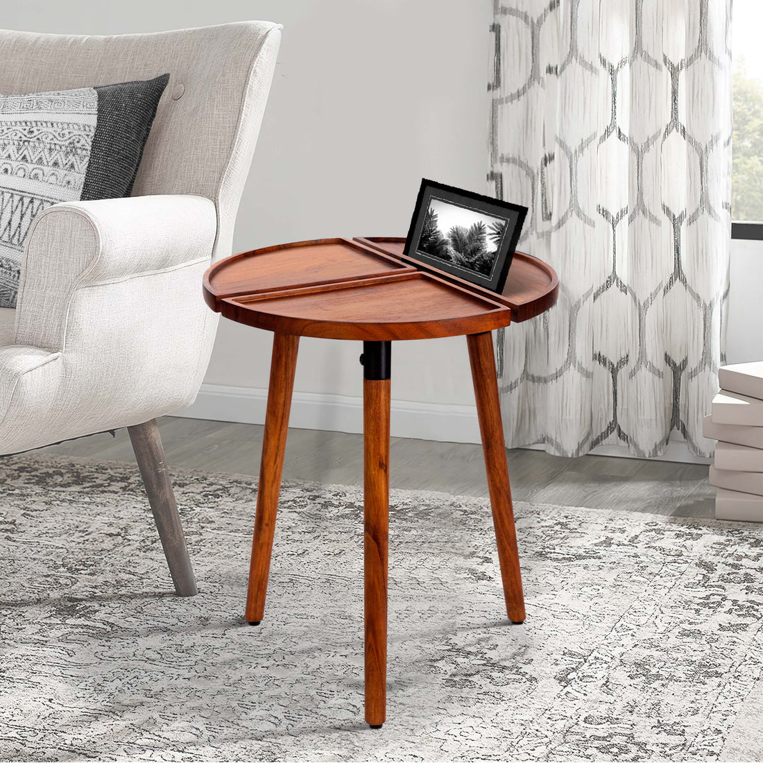 18 Inch Round Acacia Wood Side Accent End Table With 3 Tabletop Sections, Warm Brown Brown Solid Wood