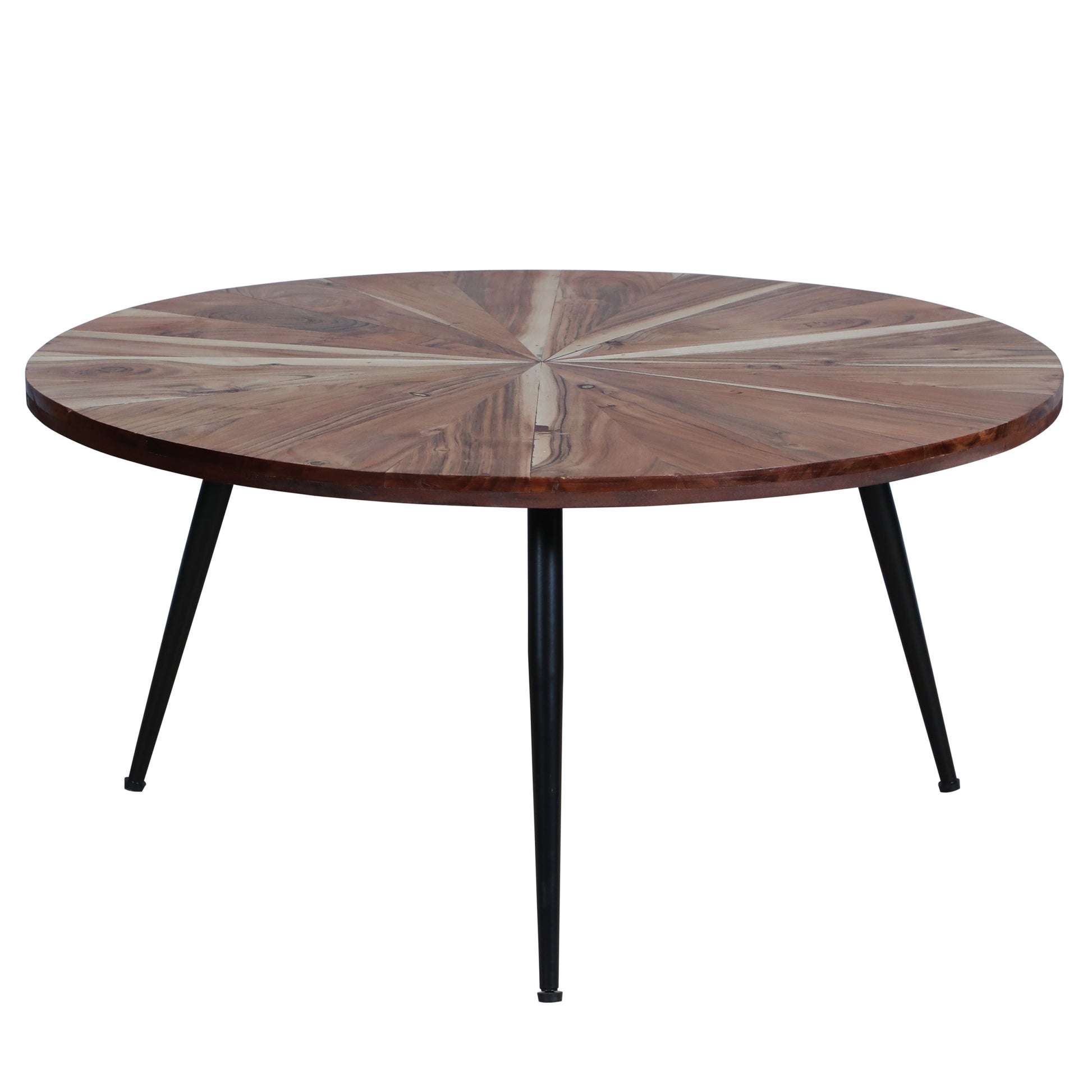 31 Inch Round Mango Wood Coffee Table, Sunburst Design, Tapered Iron Legs, Brown, Black Brown Solid Wood