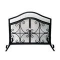 43 Inches 2 Door Iron Fireplace Screen, Mesh Design, Scrollwork, Black Black Iron