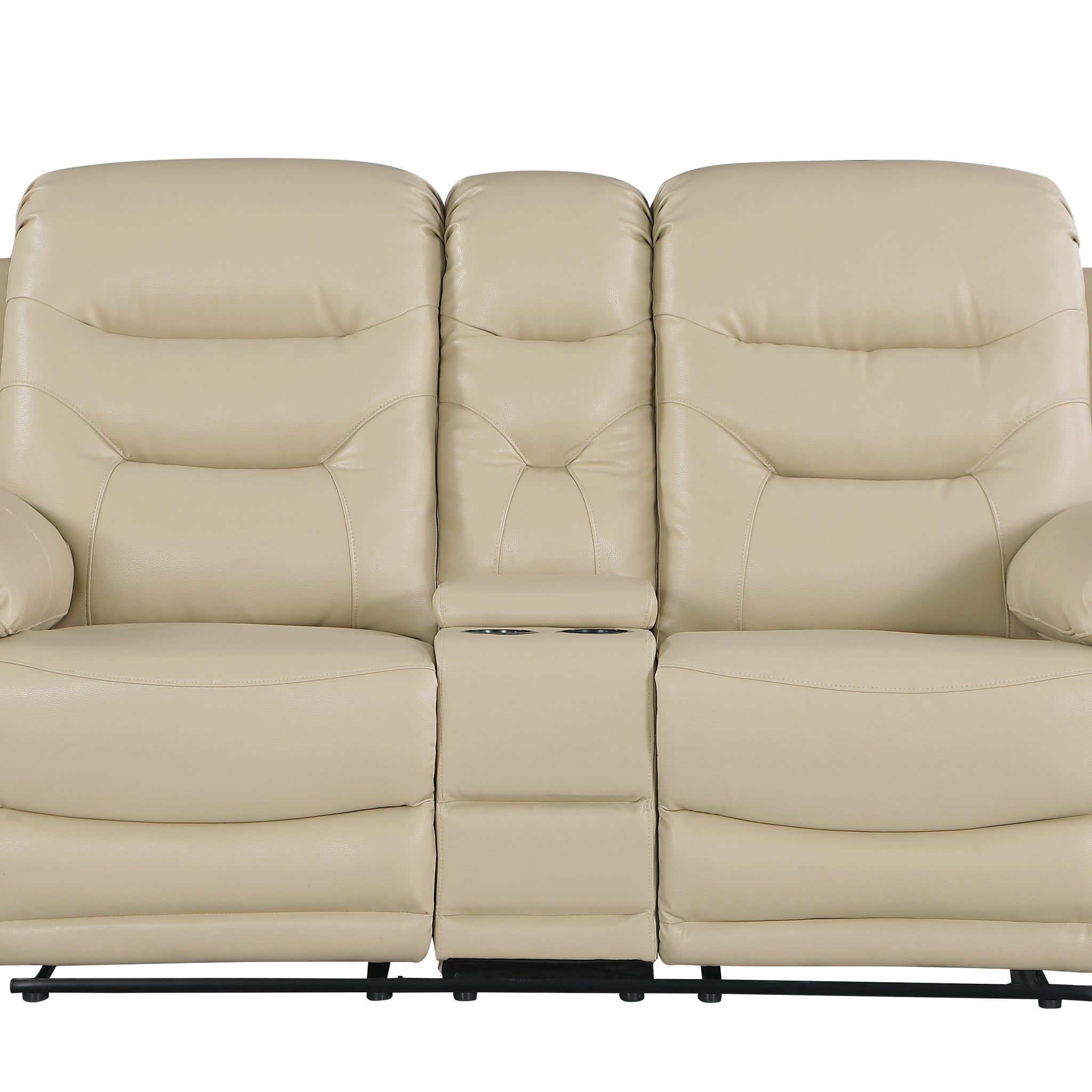 Leather Air Upholstered Reclining Console Loveseat With Fiber Back Beige Foam Leather