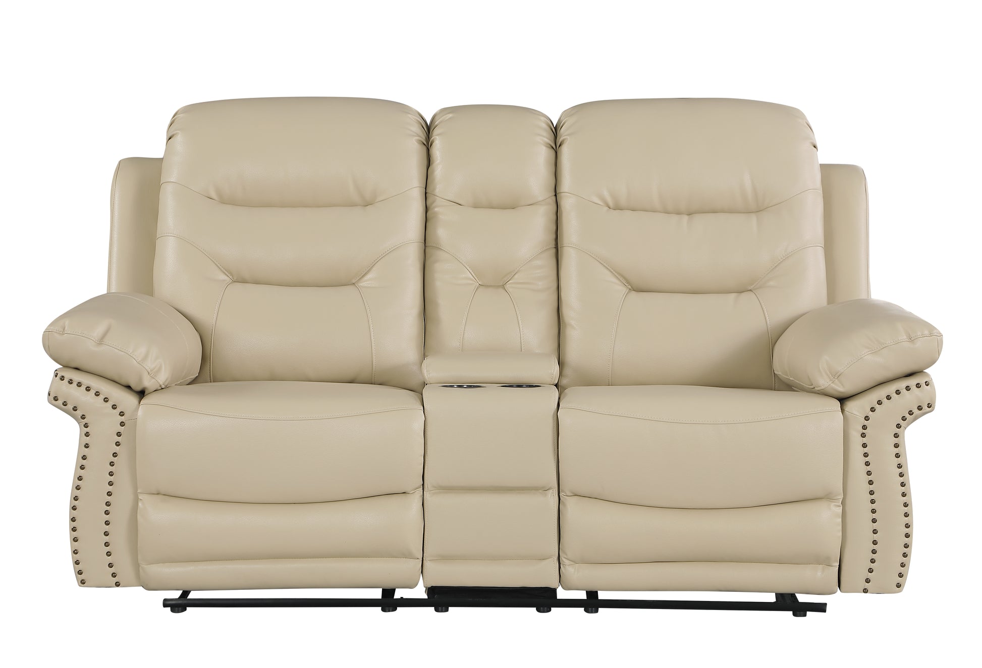 Leather Air Upholstered Reclining Console Loveseat With Fiber Back Beige Foam Leather