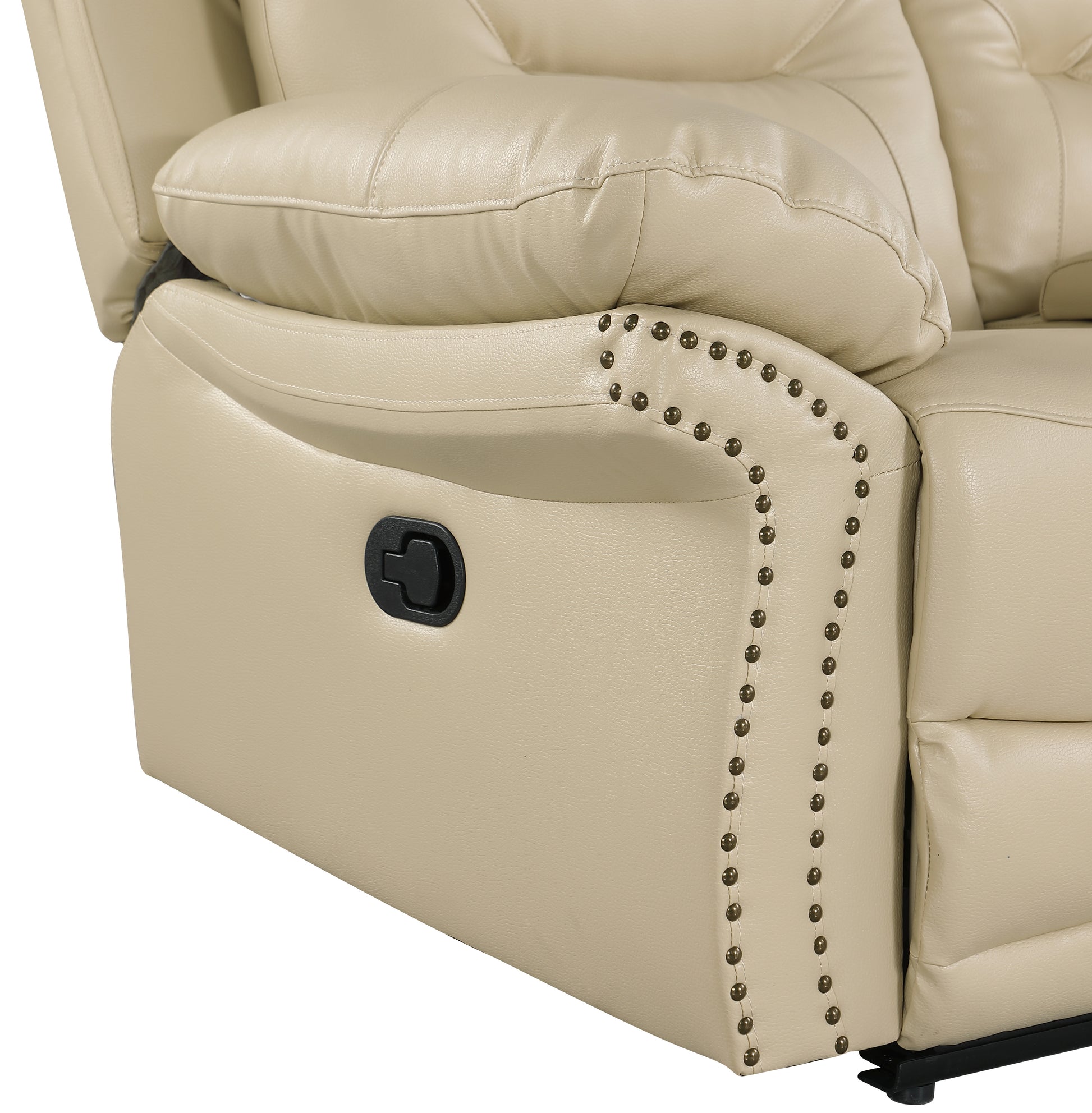 Leather Air Upholstered Reclining Console Loveseat With Fiber Back Beige Foam Leather