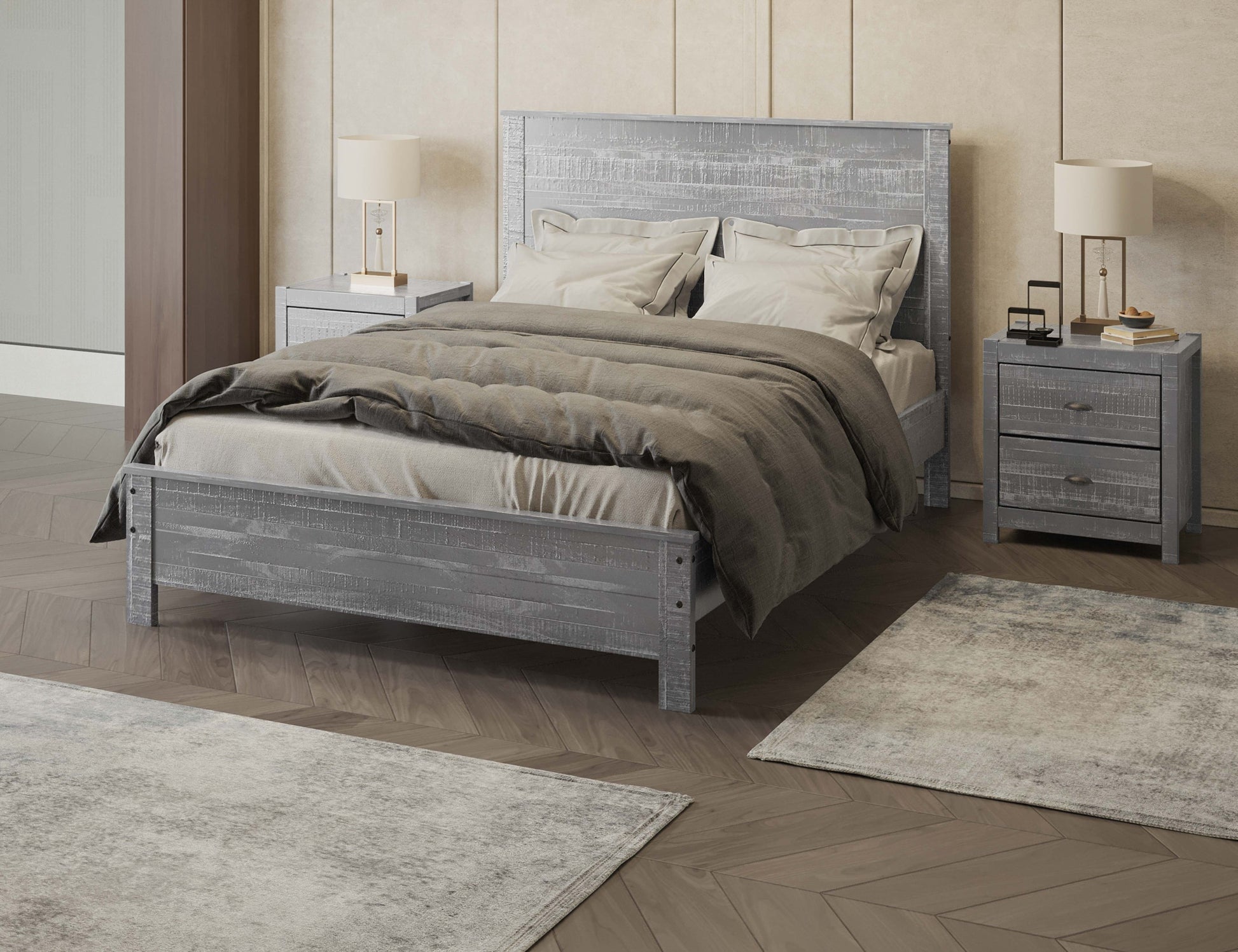 Albany 3 Piece Full Bed Set, Heavy Duty Solid Wood Full Size Bed Frame With Bedside Table Set Of 2, Grey Gray Solid Wood