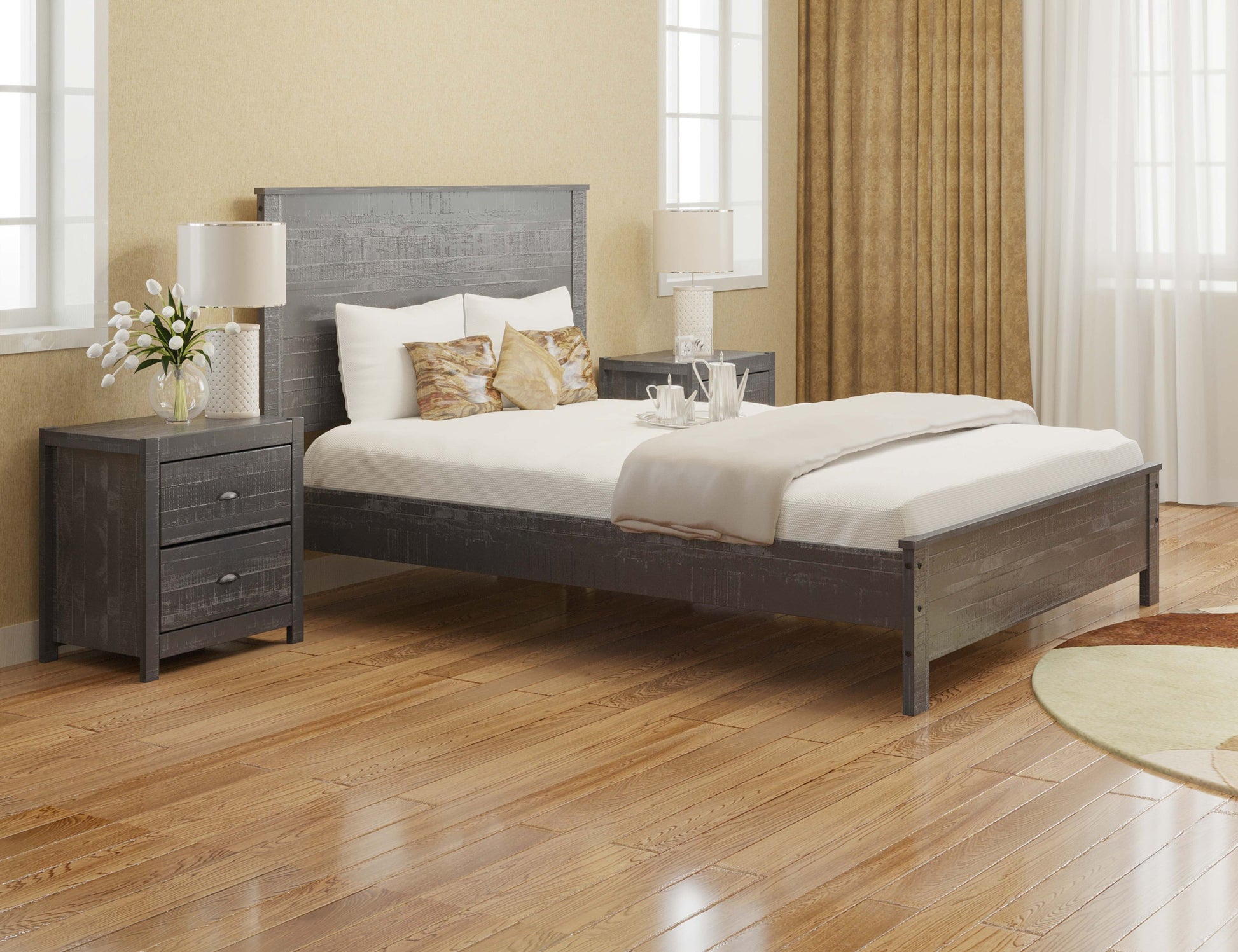 Albany 3 Piece Full Bed Set, Heavy Duty Solid Wood Full Size Bed Frame With Bedside Table Set Of 2, Grey Gray Solid Wood