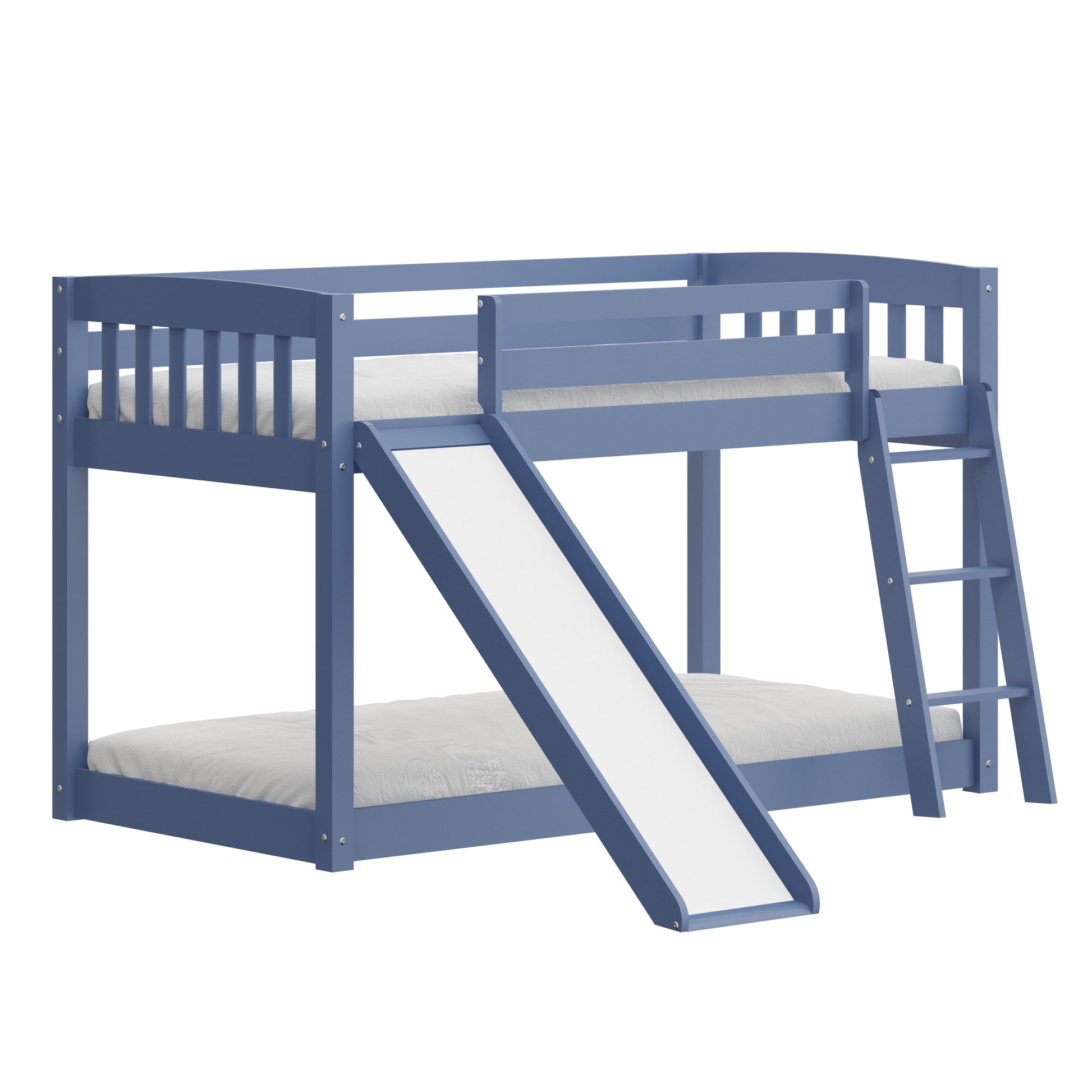 Kids Bunk Bed Twin Over Twin With Slide And Stairs, Heavy Duty Solid Wood Twin Bunk Beds, Toddler Bed Frame With Safety Guardrails, Blue Blue Solid Wood