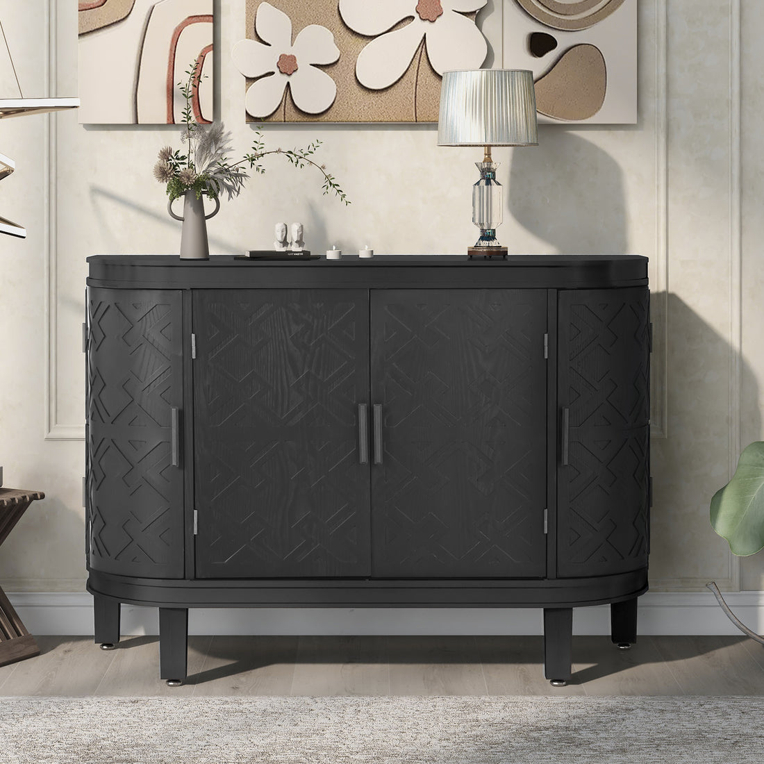 Accent Storage Cabinet Sideboard Wooden Cabinet With Antique Pattern Doors For Hallway, Entryway, Living Room Black Mdf