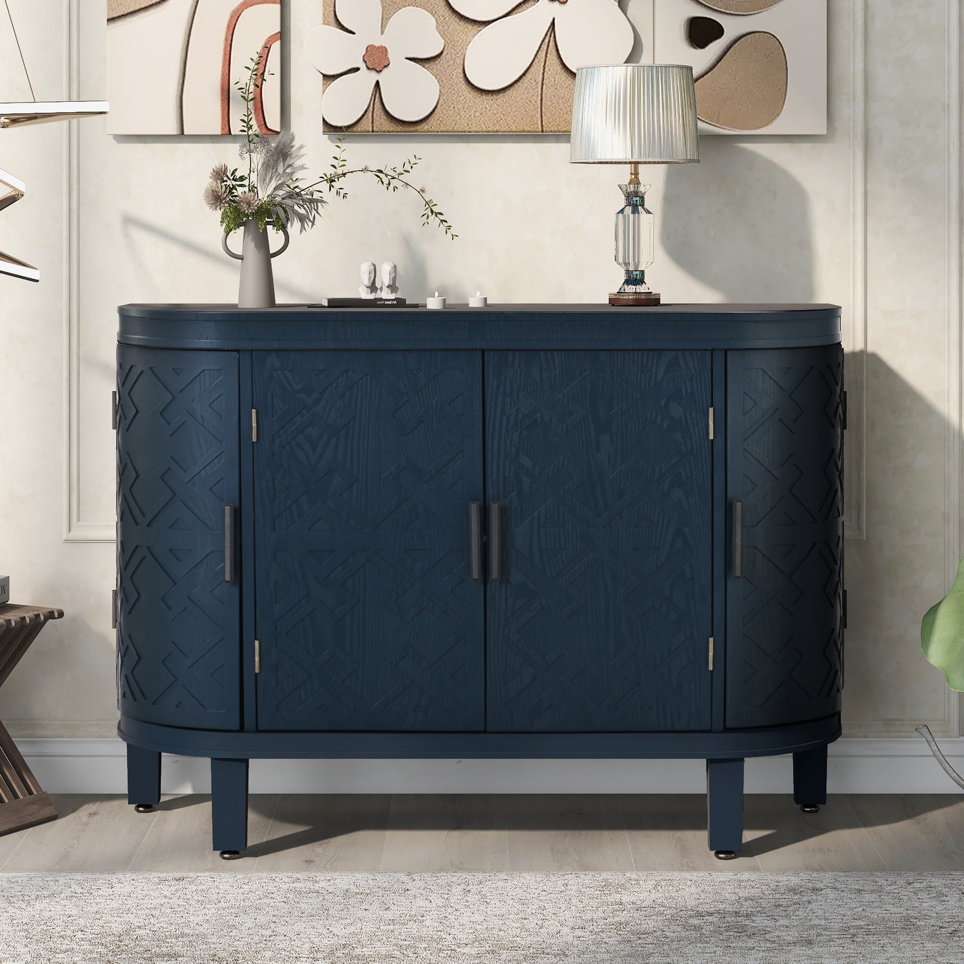 Accent Storage Cabinet Sideboard Wooden Cabinet With Antique Pattern Doors For Hallway, Entryway, Living Room Navy Blue Mdf