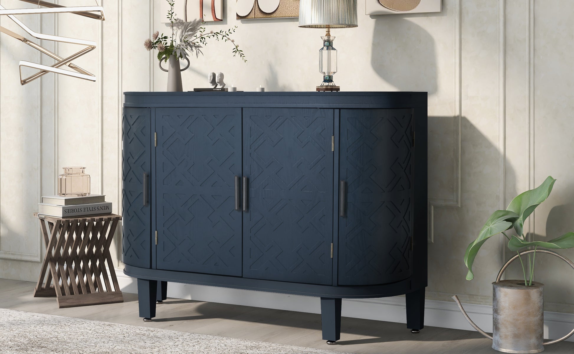 Accent Storage Cabinet Sideboard Wooden Cabinet With Antique Pattern Doors For Hallway, Entryway, Living Room Navy Blue Mdf