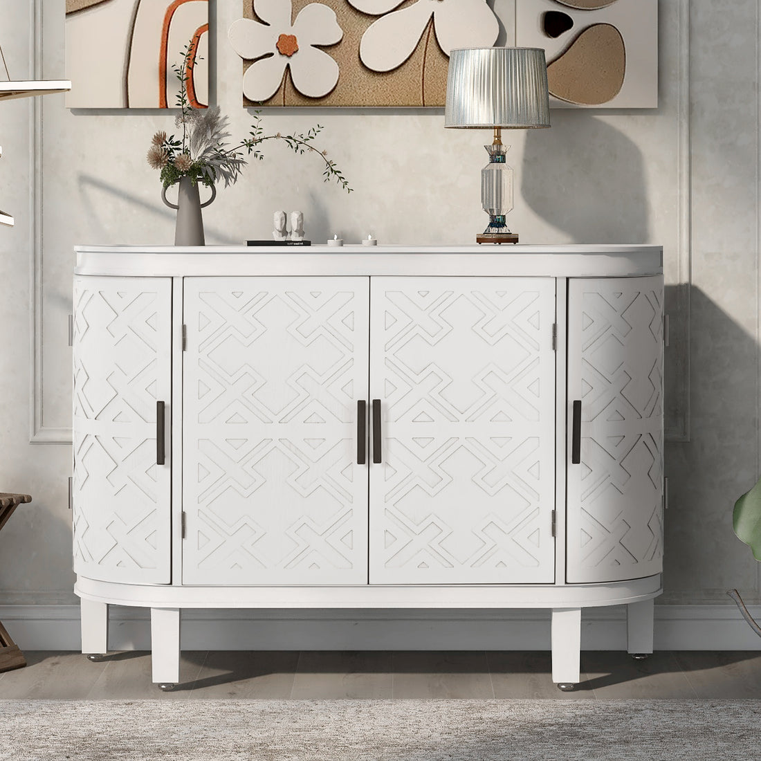 Accent Storage Cabinet Sideboard Wooden Cabinet With Antique Pattern Doors For Hallway, Entryway, Living Room White Mdf