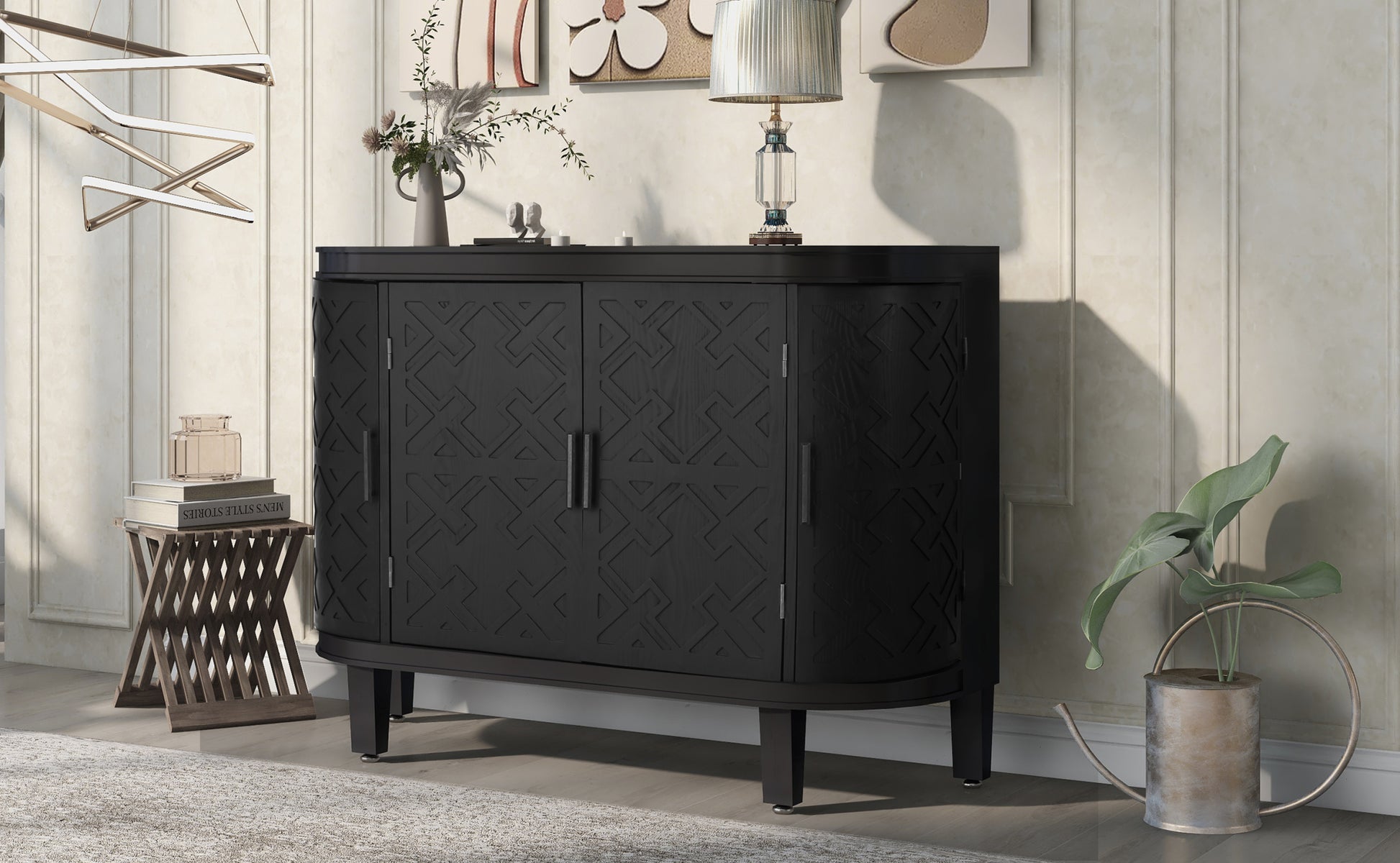 Accent Storage Cabinet Sideboard Wooden Cabinet With Antique Pattern Doors For Hallway, Entryway, Living Room Black Mdf