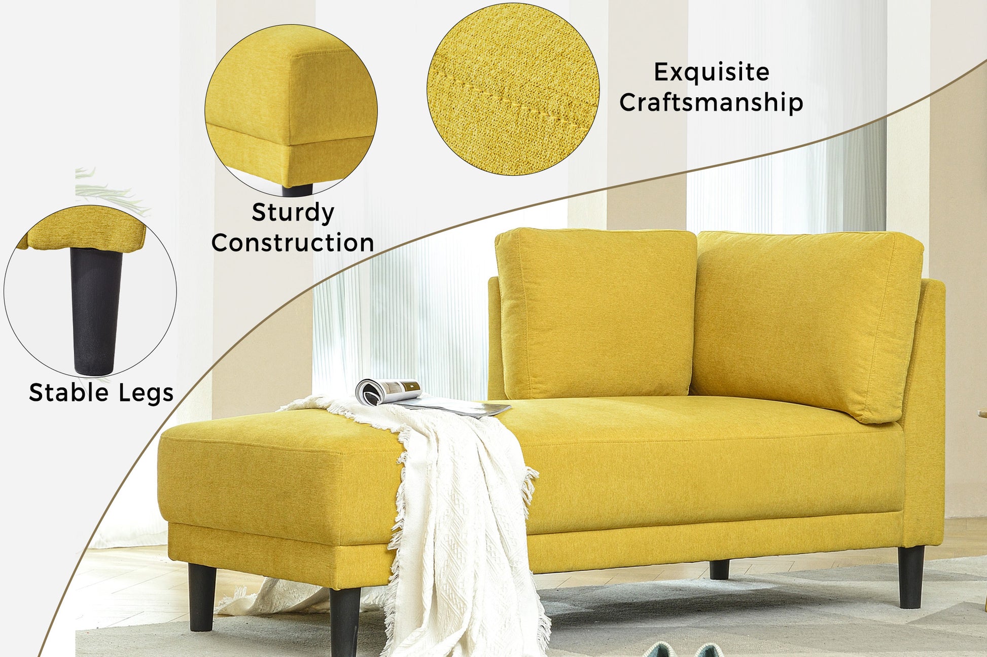 Video 65" Mid Century Modern Fabric Corner Lounge Chair, Upholstered Indoor Chaise Lounge For Bedroom,Office,Small Living Room & Apartment Yellow Fabric Fabric