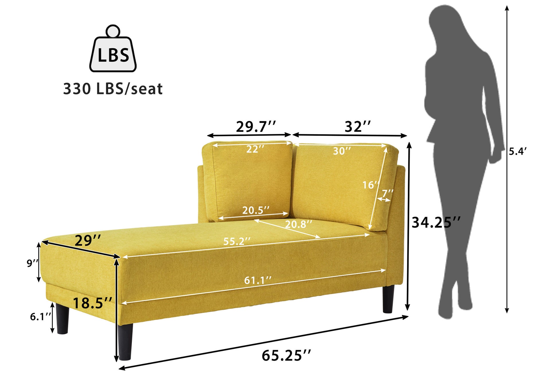 Video 65" Mid Century Modern Fabric Corner Lounge Chair, Upholstered Indoor Chaise Lounge For Bedroom,Office,Small Living Room & Apartment Yellow Fabric Fabric