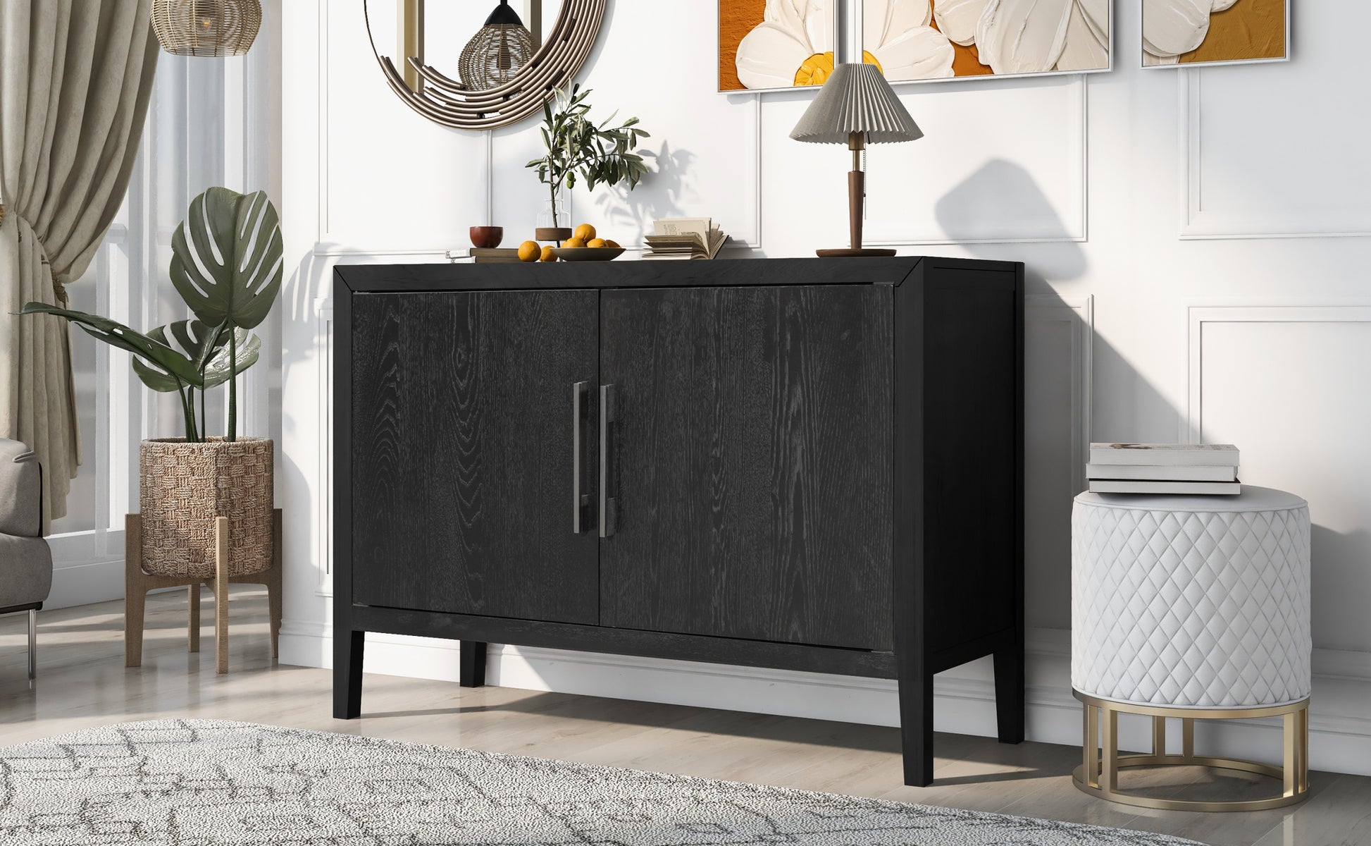 Storage Cabinet Sideboard Wooden Cabinet With 2 Metal Handles And 2 Doors For Hallway, Entryway, Living Room Black Mdf