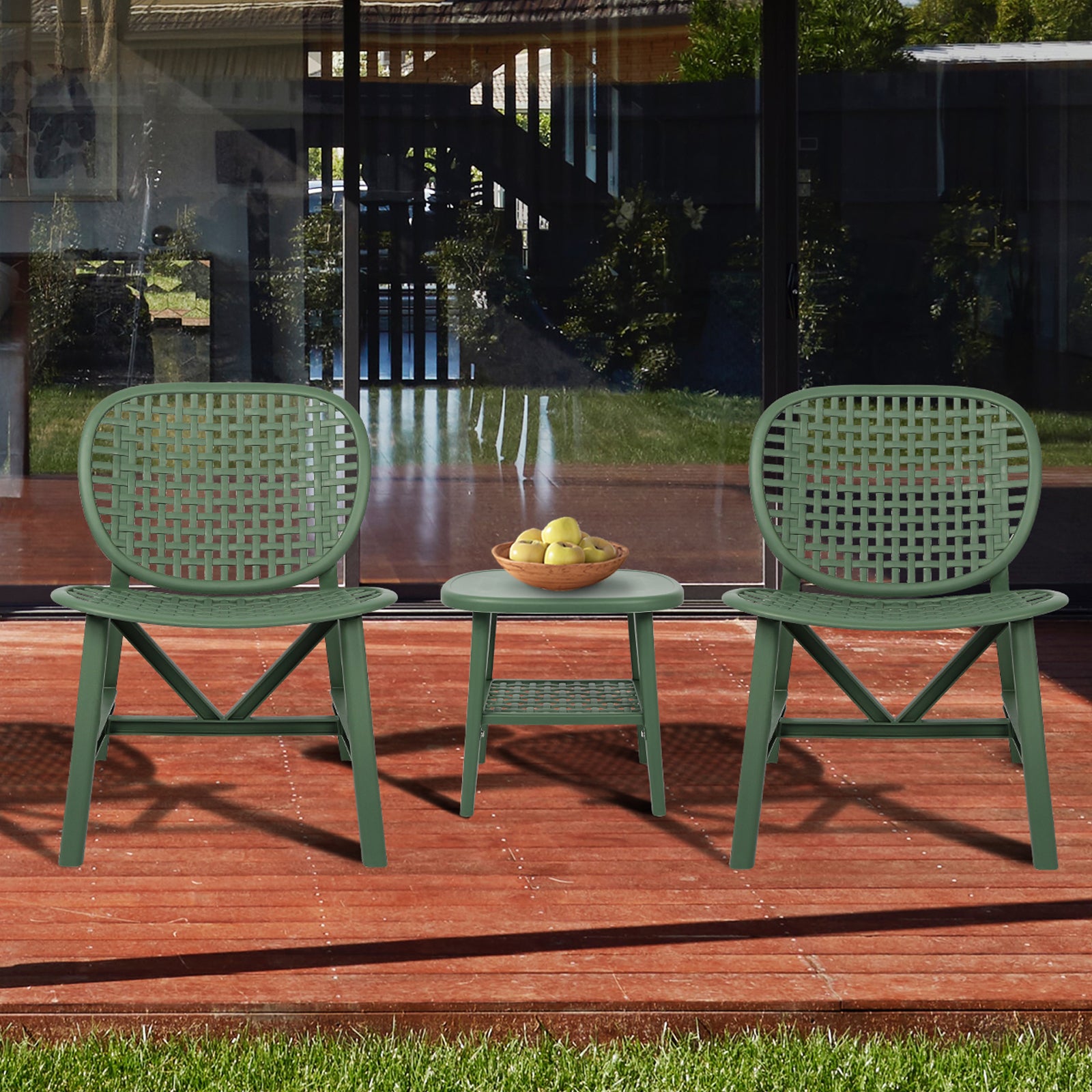 3 Pieces Hollow Design Retro Patio Table Chair Set All Weather Conversation Bistro Set Outdoor Table With Open Shelf And Lounge Chairs With Widened Seat For Balcony Garden Yard Green Green Polypropylene