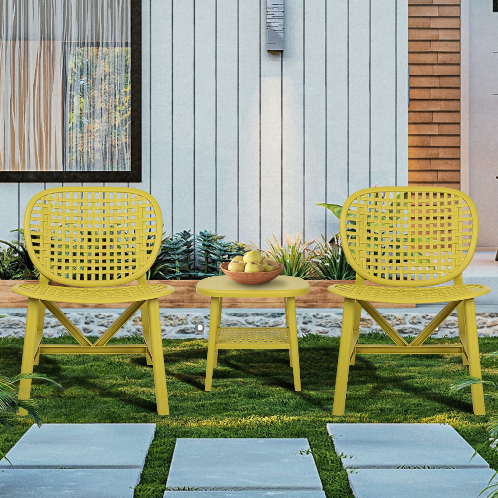3 Pieces Hollow Design Patio Table Chair Set All Weather Conversation Bistro Set Outdoor Coffee Table With Open Shelf And Lounge Chairs With Widened Seat For Balcony Garden Yard Yellow Yellow Polypropylene