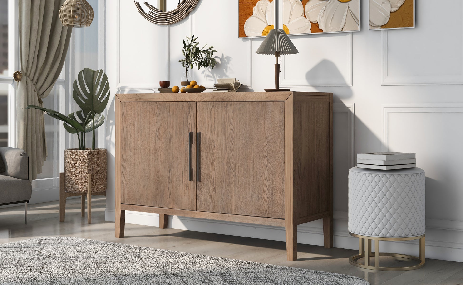 Storage Cabinet Sideboard Wooden Cabinet With 2 Metal Handles And 2 Doors For Hallway, Entryway, Living Room Beige Mdf