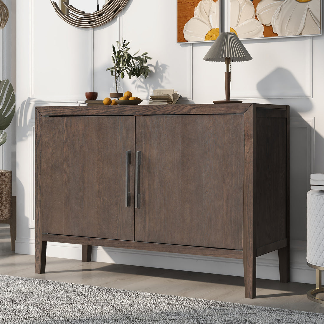 Storage Cabinet Sideboard Wooden Cabinet With 2 Metal Handles And 2 Doors For Hallway, Entryway, Living Room Espresso Mdf