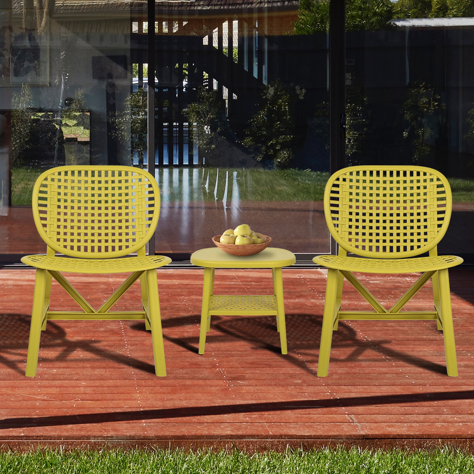 3 Pieces Hollow Design Patio Table Chair Set All Weather Conversation Bistro Set Outdoor Coffee Table With Open Shelf And Lounge Chairs With Widened Seat For Balcony Garden Yard Yellow Yellow Polypropylene