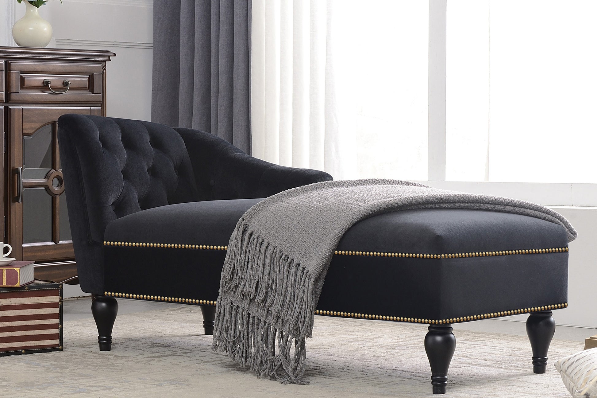 Video 58''Velvet Chaise Lounge,Button Tufted Right Arm Facing Lounge Chair With Trim & Solid Wood Legs For Living Room Or Office,Sleeper Lounge Sofa Style Of Wf284880Aab Black Fabric Velvet