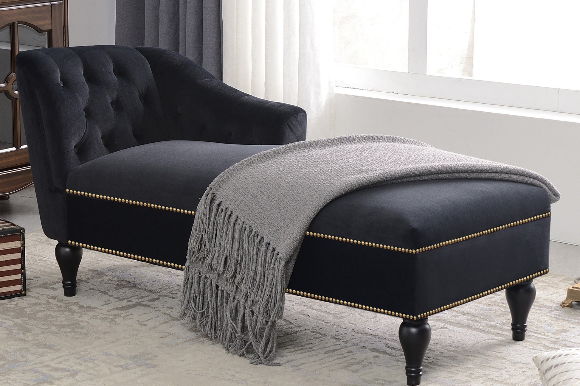 Video 58''Velvet Chaise Lounge,Button Tufted Right Arm Facing Lounge Chair With Trim & Solid Wood Legs For Living Room Or Office,Sleeper Lounge Sofa Style Of Wf284880Aab Black Fabric Velvet