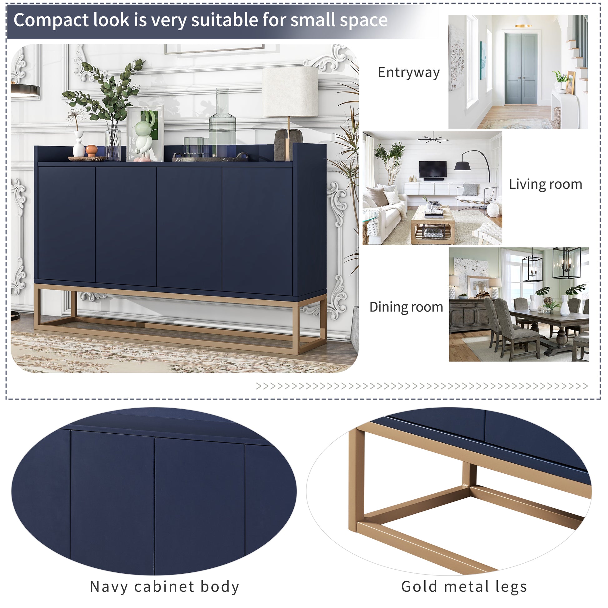 Modern Sideboard Elegant Buffet Cabinet With Large Storage Space For Dining Room, Entryway Navy Navy Particle Board