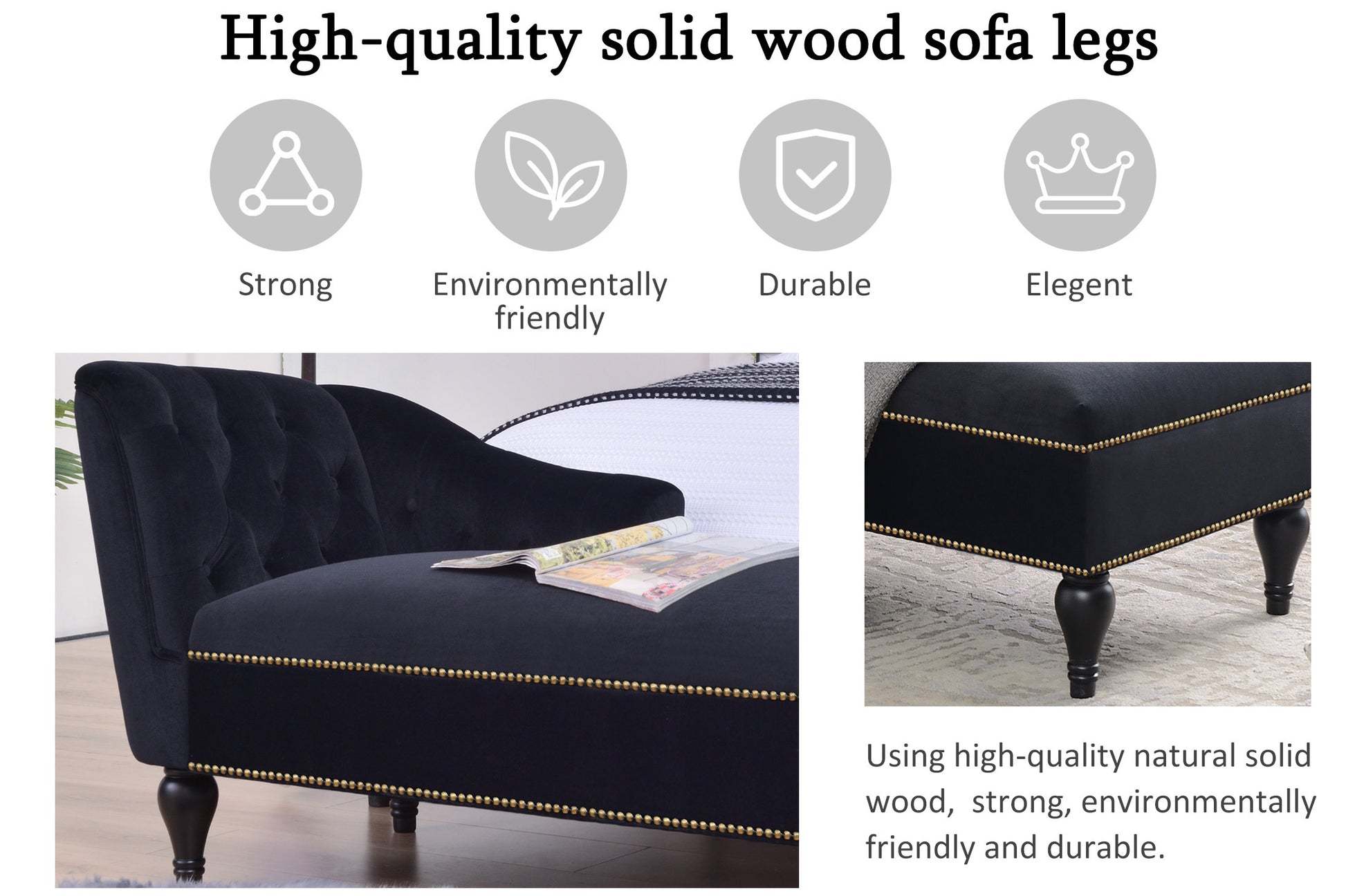 Video 58''Velvet Chaise Lounge,Button Tufted Right Arm Facing Lounge Chair With Trim & Solid Wood Legs For Living Room Or Office,Sleeper Lounge Sofa Style Of Wf284880Aab Black Fabric Velvet