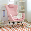 Rocking Chair Nursery, Teddy Upholstered Rocker Glider Chair With High Backrest, Adjustable Headrest & Pocket, Comfy Glider Chair For Nursery, Bedroom, Living Room, Offices, Rubber Wood, Pink Pink Polyester