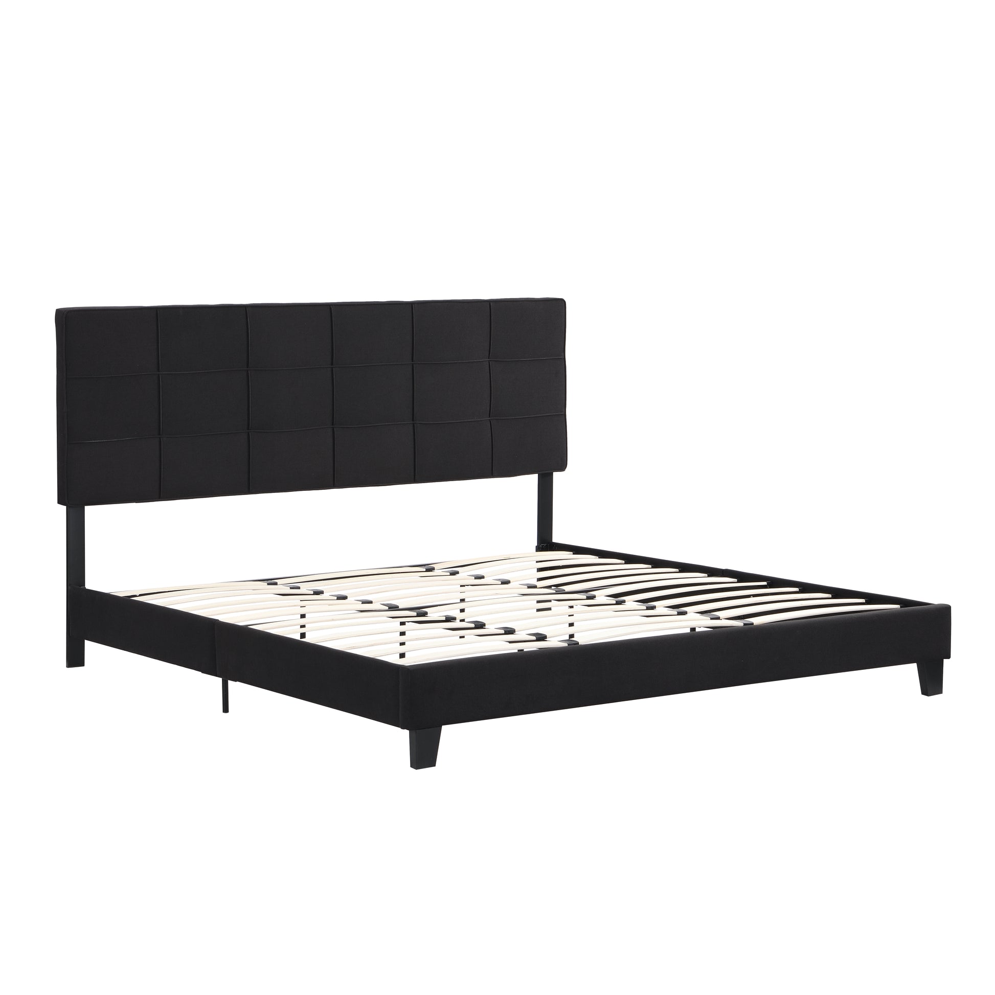 King Size Upholstered Platform Bed Frame With Linen Fabric Headboard, No Box Spring Needed, Wood Slat Support, Easy Assembly, Black Black Fabric