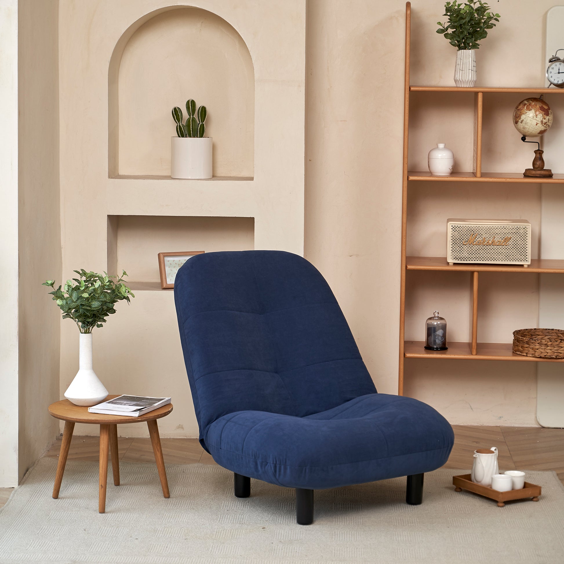 Single Sofa Reclining Chair Japanese Chair Lazy Sofa Tatami Balcony Reclining Chair Leisure Sofa Adjustable Chair Navy Blue Cotton Metal