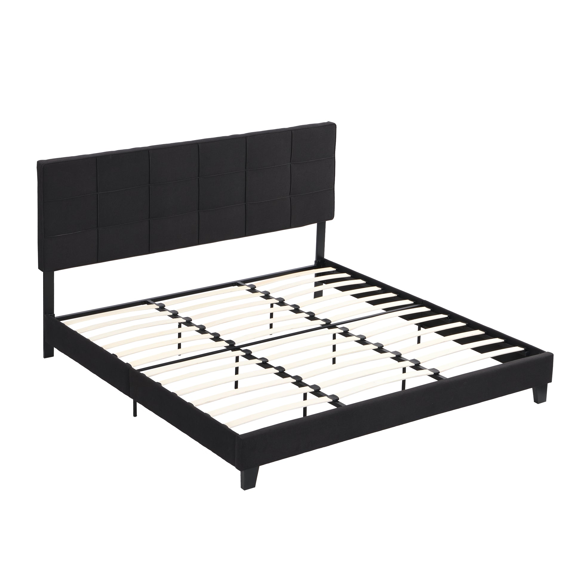 King Size Upholstered Platform Bed Frame With Linen Fabric Headboard, No Box Spring Needed, Wood Slat Support, Easy Assembly, Black Black Fabric