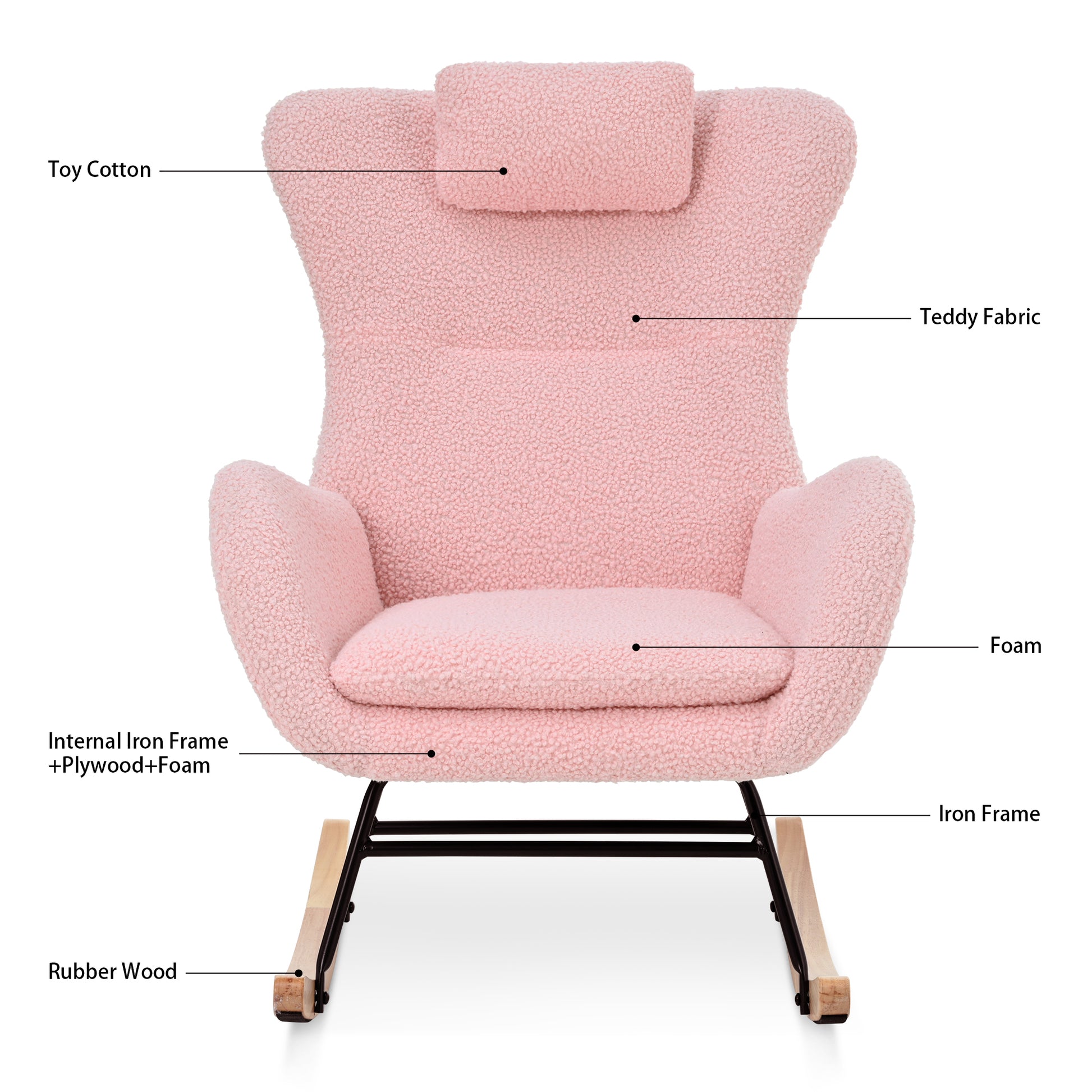 Rocking Chair Nursery, Teddy Upholstered Rocker Glider Chair With High Backrest, Adjustable Headrest & Pocket, Comfy Glider Chair For Nursery, Bedroom, Living Room, Offices, Rubber Wood, Pink Pink Polyester