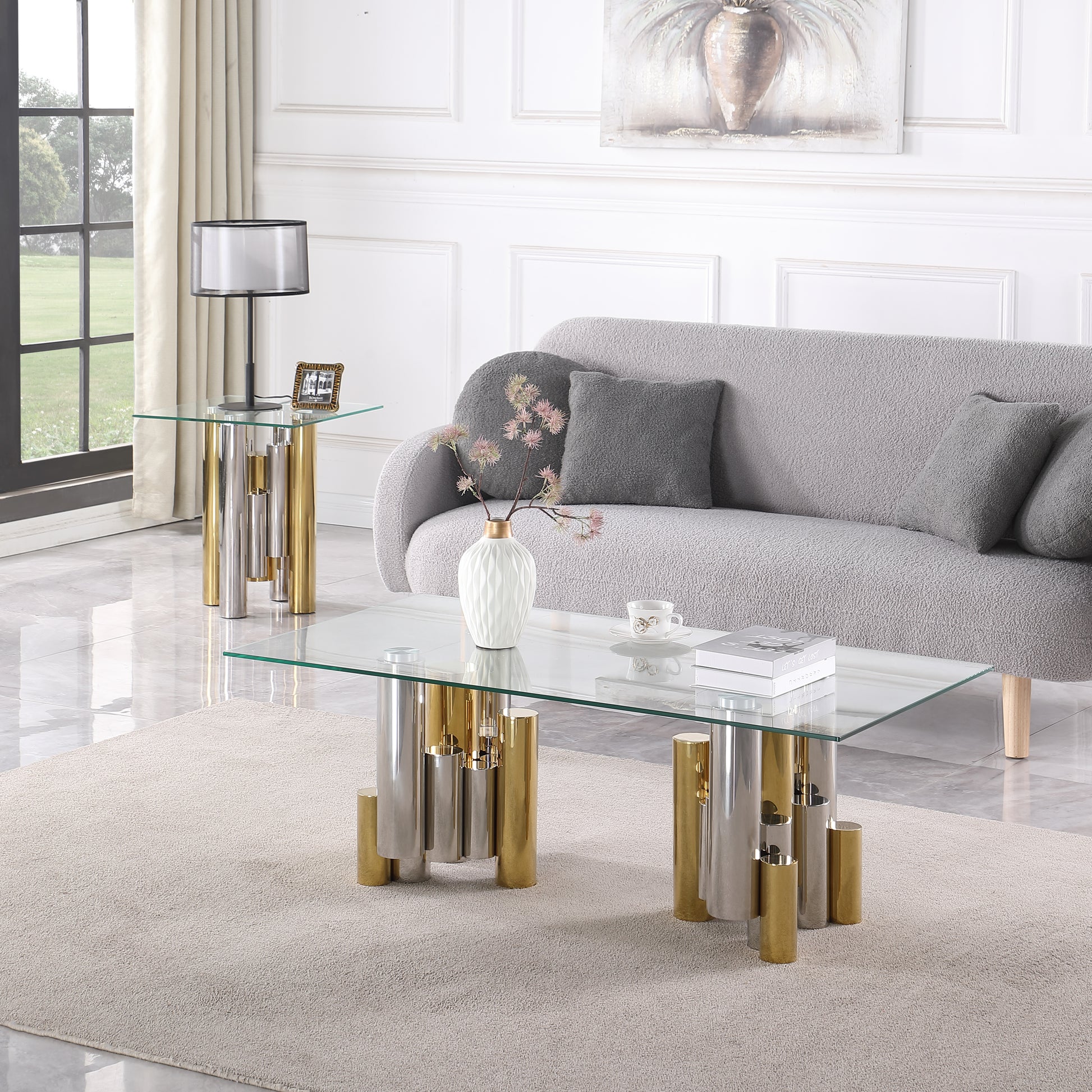 Stainless Steel Square Glass End Table For Living Room 20" Modern Sleek Center Table Table With Clear Tempered Glass Polished Golden Stainless Steel