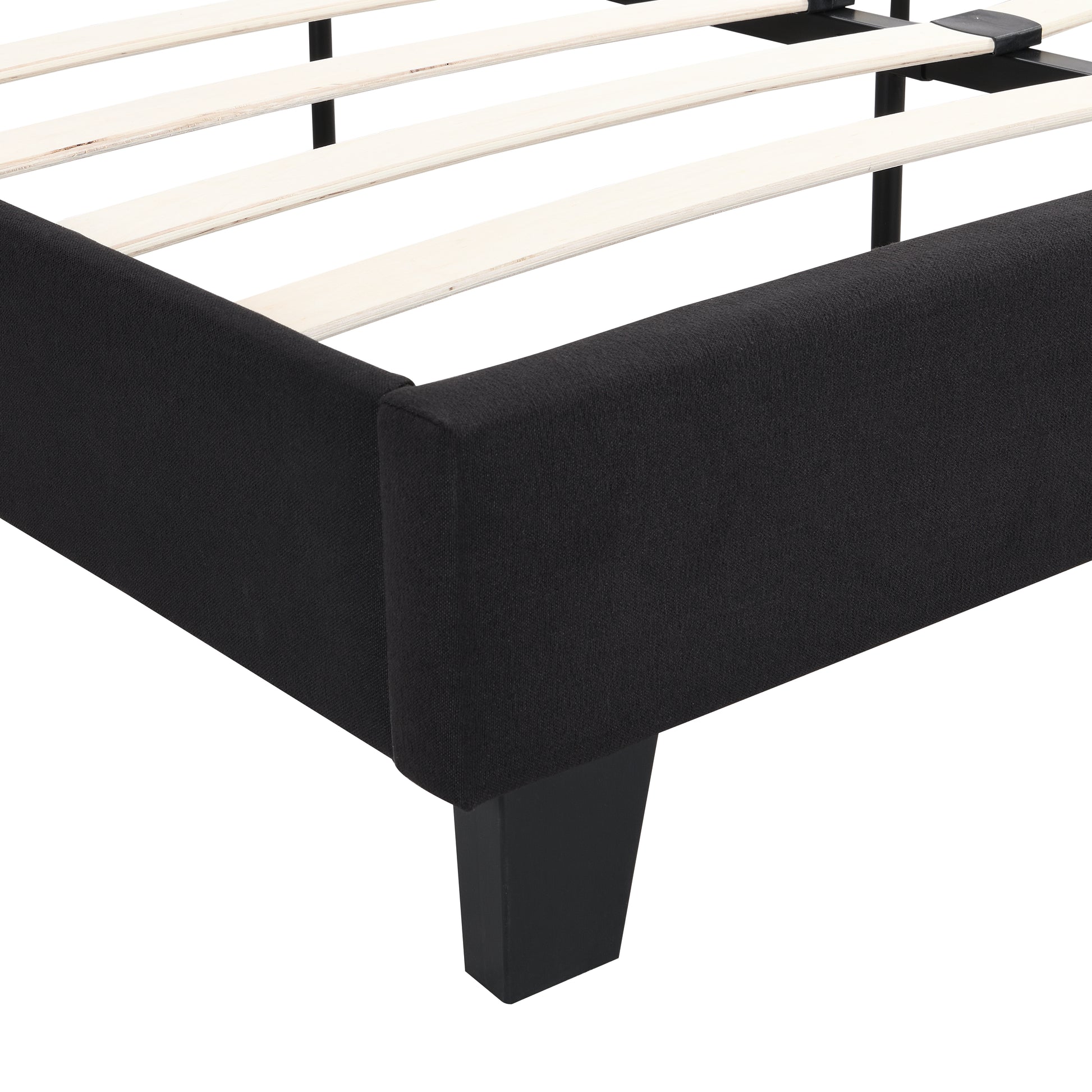 King Size Upholstered Platform Bed Frame With Linen Fabric Headboard, No Box Spring Needed, Wood Slat Support, Easy Assembly, Black Black Fabric
