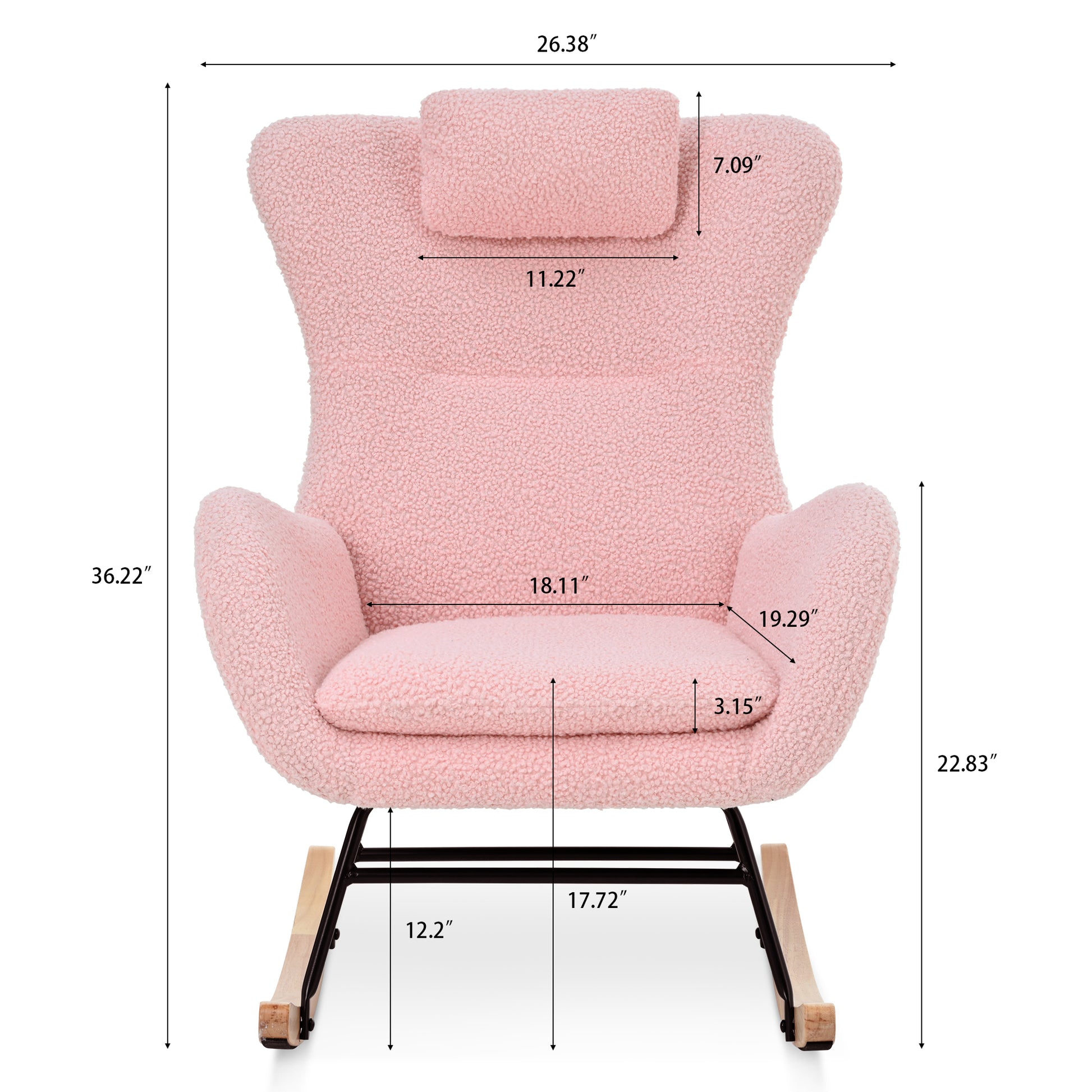 Rocking Chair Nursery, Teddy Upholstered Rocker Glider Chair With High Backrest, Adjustable Headrest & Pocket, Comfy Glider Chair For Nursery, Bedroom, Living Room, Offices, Rubber Wood, Pink Pink Polyester