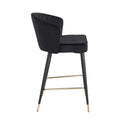 Contemporary Velvet Upholstered Counter Height Stool With Deep Channel Tufting And Gold Tipped, Black Metal Legs, 20