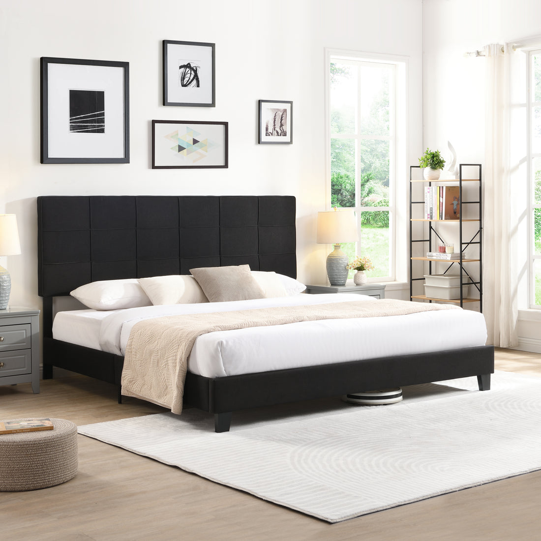 King Size Upholstered Platform Bed Frame with Linen black-fabric