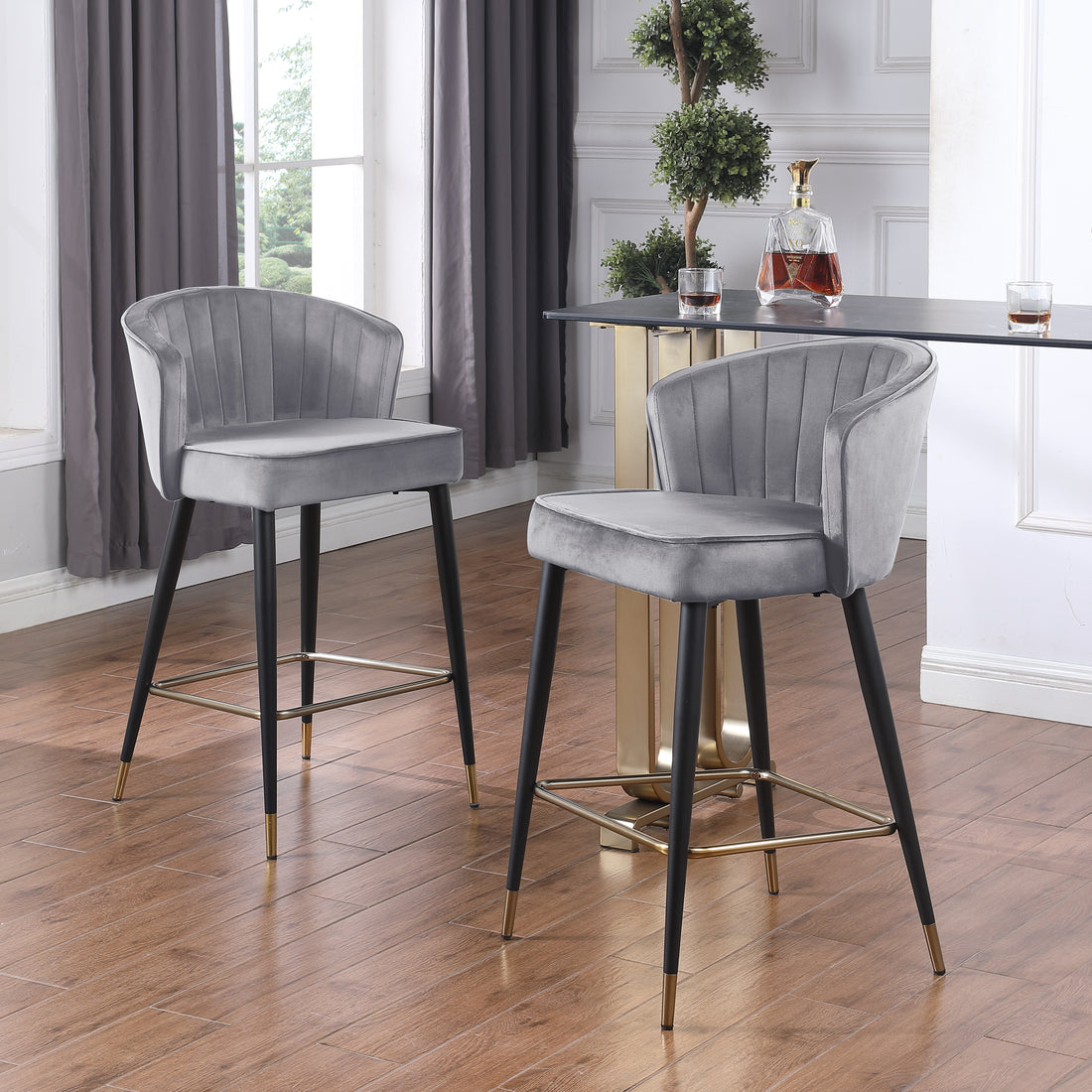 Contemporary Velvet Upholstered Counter Height Stool With Deep Channel Tufting And Gold Tipped, Black Metal Legs, 20" W X 21" D X 36.5" H, Gray Gray Foam Metal