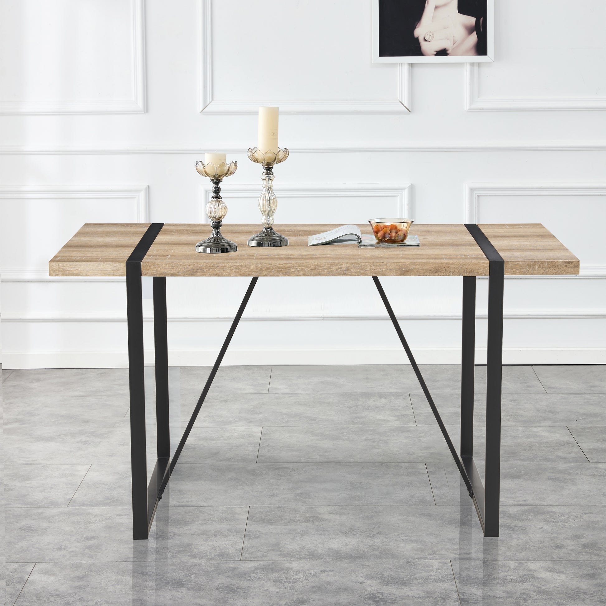 Rustic Industrial Rectangular Wood Dining Table For 4 6 Person, With 1.5" Thick Engineered Wood Color Tabletop And Black Metal Legs,Desk For Kitchen Dining Living Room, 55.1" X 31.4"X