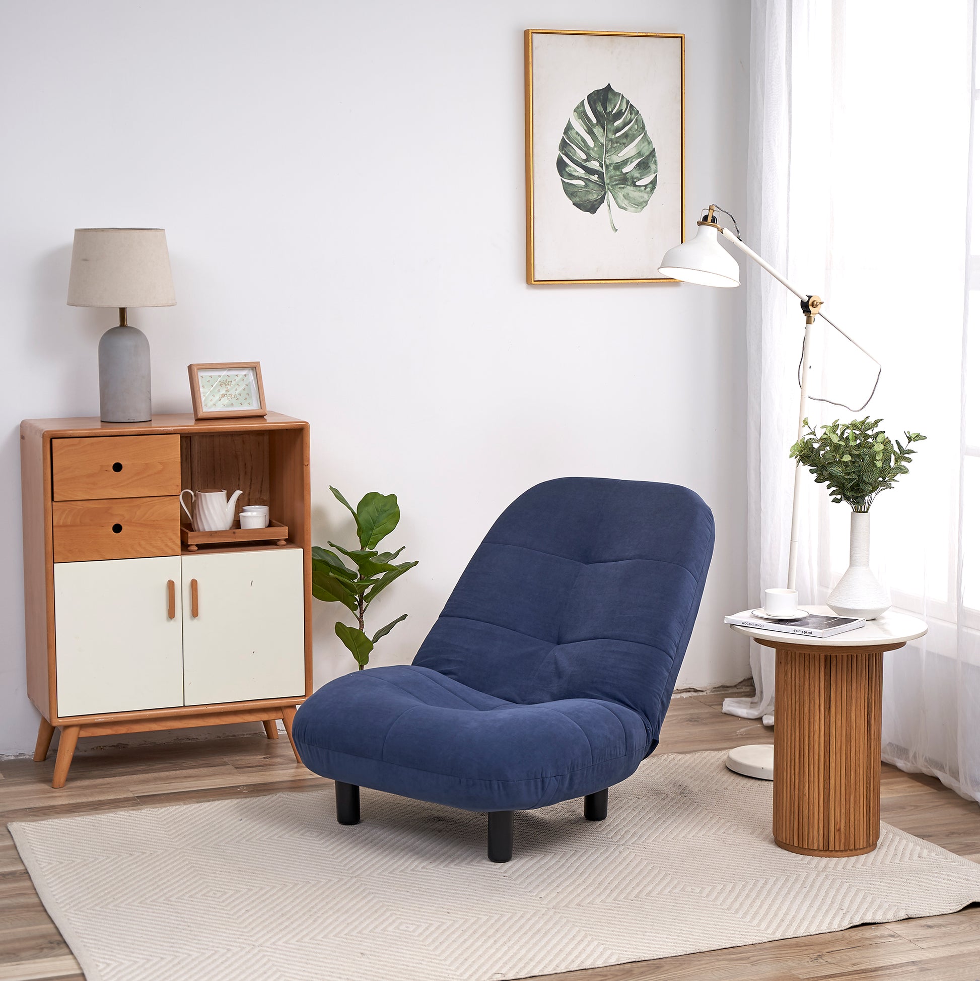 Single Sofa Reclining Chair Japanese Chair Lazy Sofa Tatami Balcony Reclining Chair Leisure Sofa Adjustable Chair Navy Blue Cotton Metal