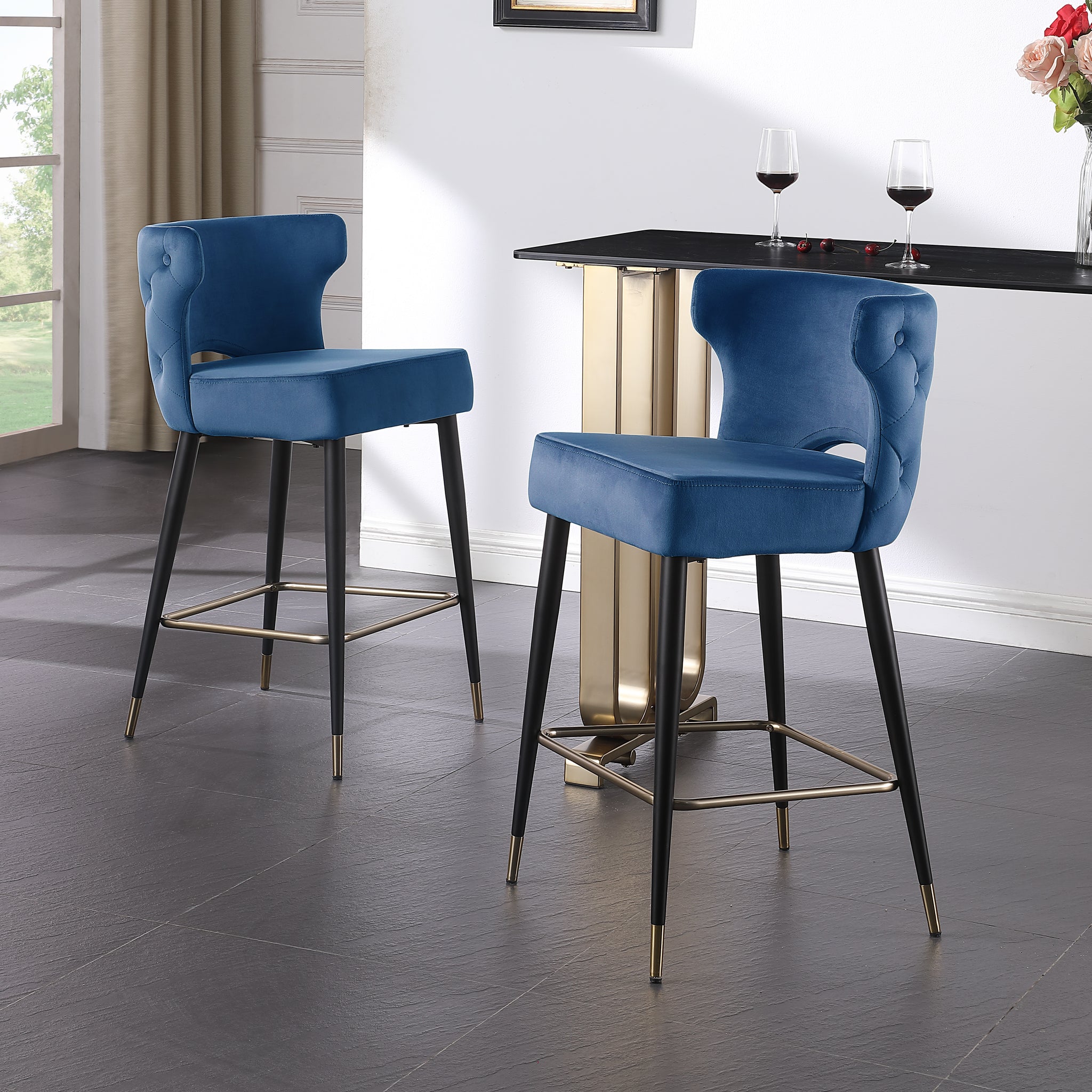 Contemporary Velvet Upholstered Counter Height Stool With Gold Tipped, Black Metal Legs, 22" W X 19" D X 38.5" H, Blue Blue Foam Metal