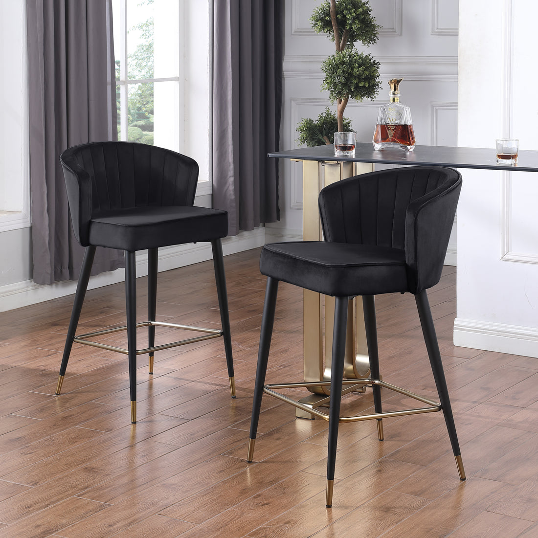 Contemporary Velvet Upholstered Counter Height Stool With Deep Channel Tufting And Gold Tipped, Black Metal Legs, 20" W X 21" D X 36.5" H, Black Black Foam Metal