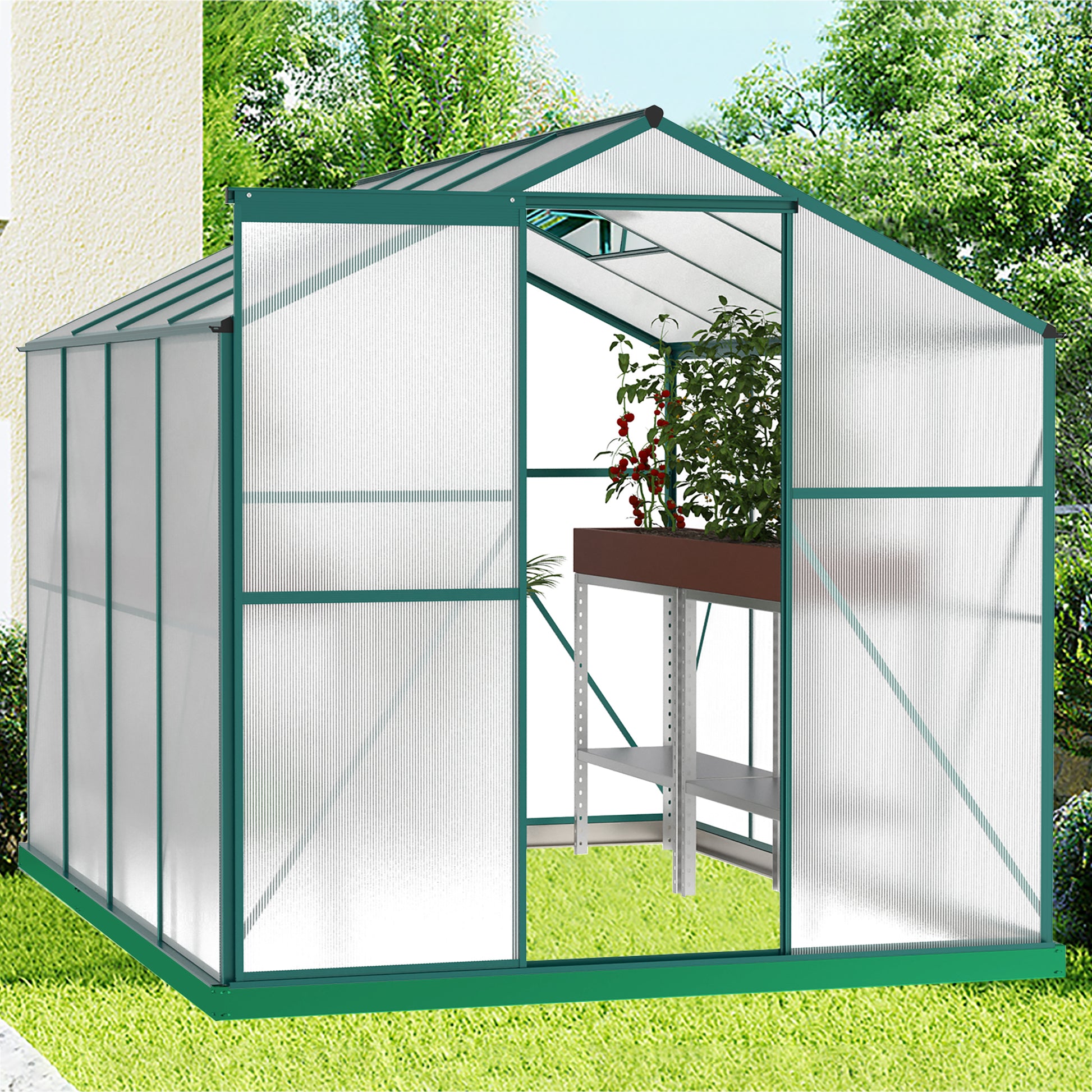 Polycarbonate Greenhouse,6'X 8' Heavy Duty Walk In Plant Garden Greenhouse For Backyard Outdoor Green Aluminium