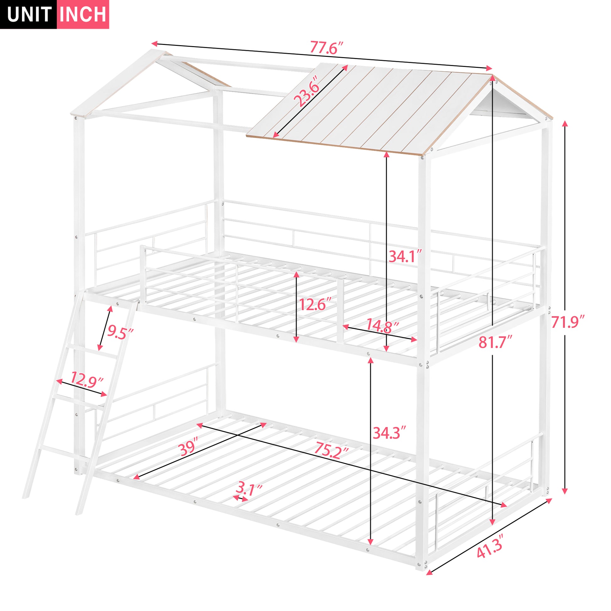 Twin Over Twin Bunk Bed Metal Bed With Half Roof, Guardrail And Ladder White White Metal