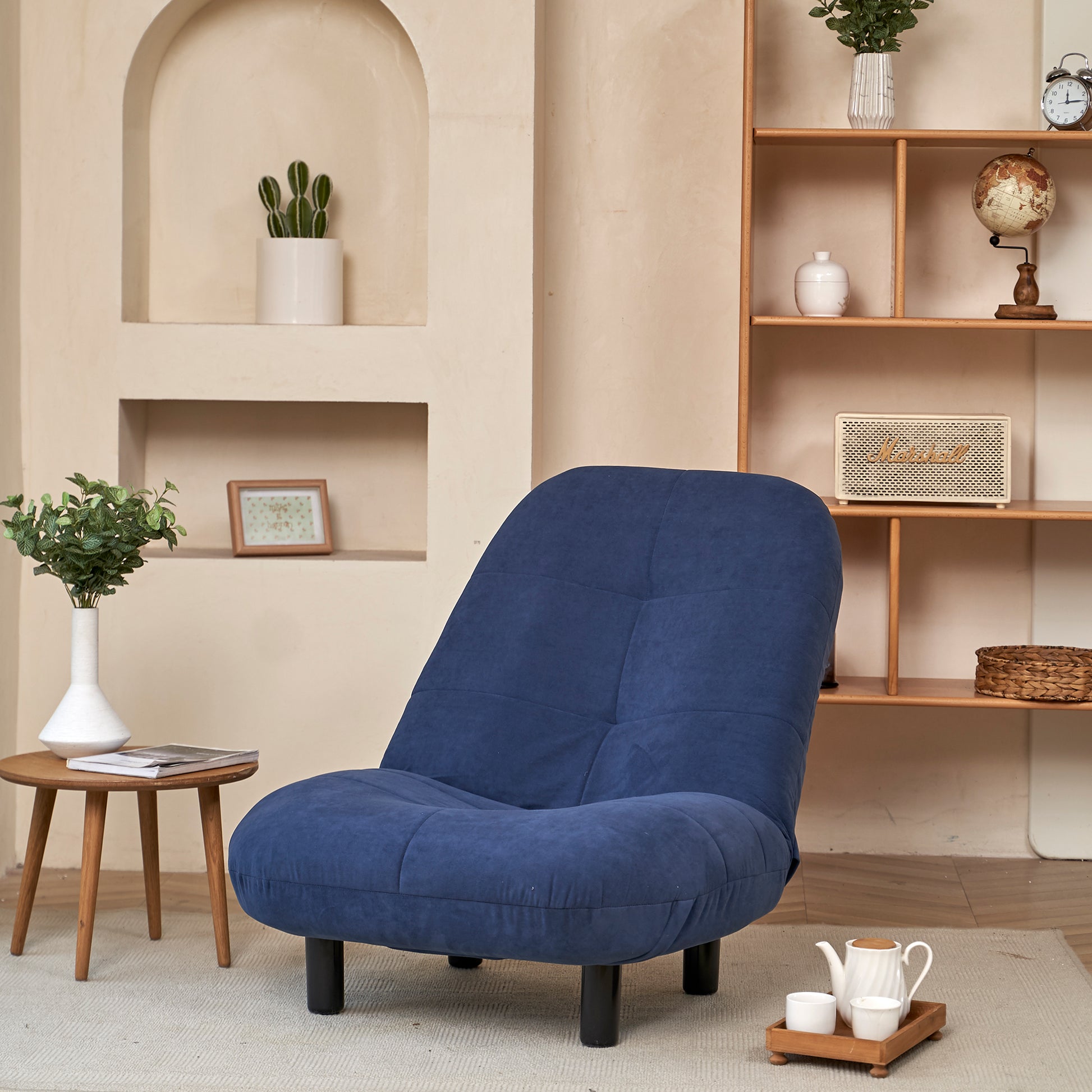 Single Sofa Reclining Chair Japanese Chair Lazy Sofa Tatami Balcony Reclining Chair Leisure Sofa Adjustable Chair Navy Blue Cotton Metal