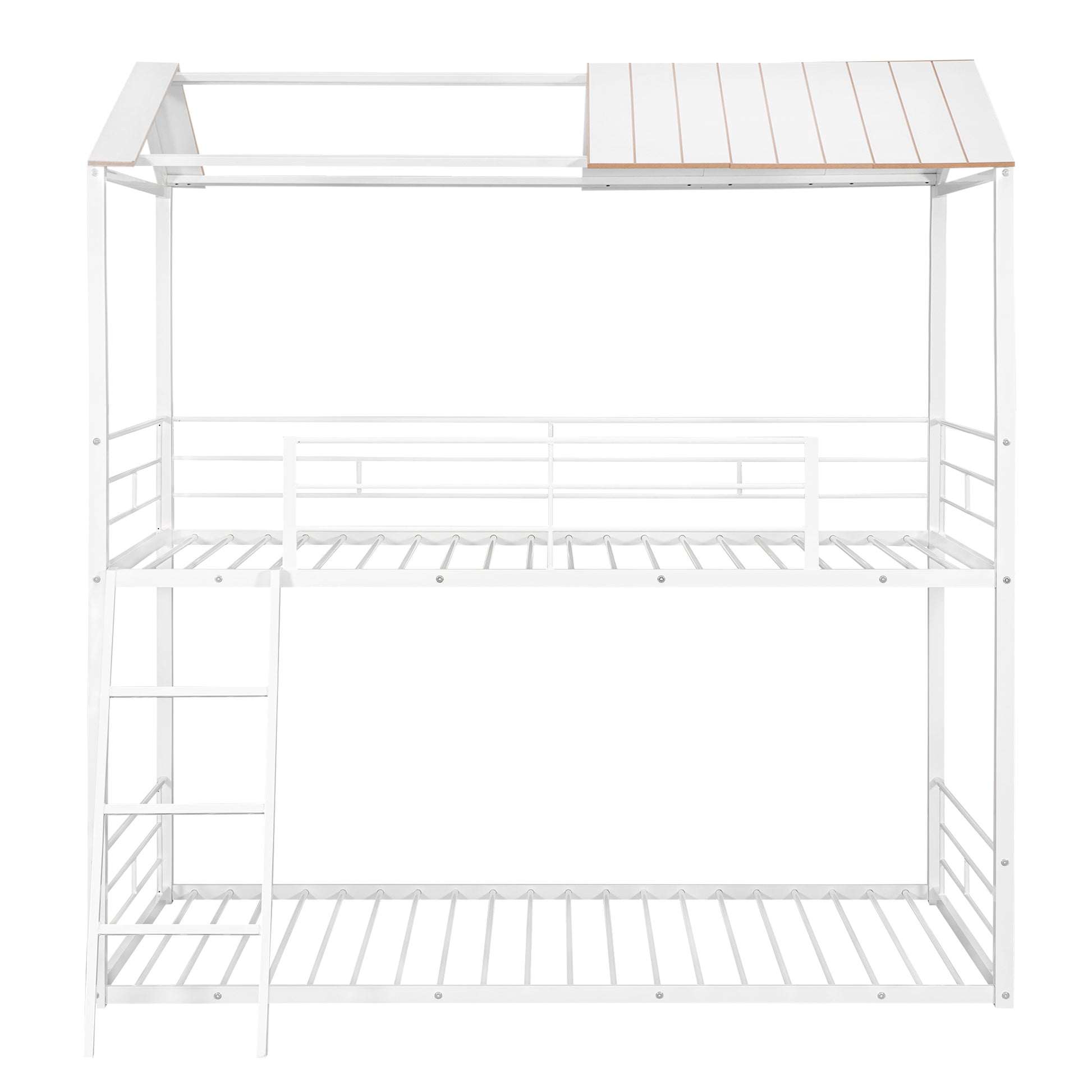 Twin Over Twin Bunk Bed Metal Bed With Half Roof, Guardrail And Ladder White White Metal