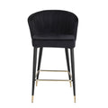 Contemporary Velvet Upholstered Counter Height Stool With Deep Channel Tufting And Gold Tipped, Black Metal Legs, 20