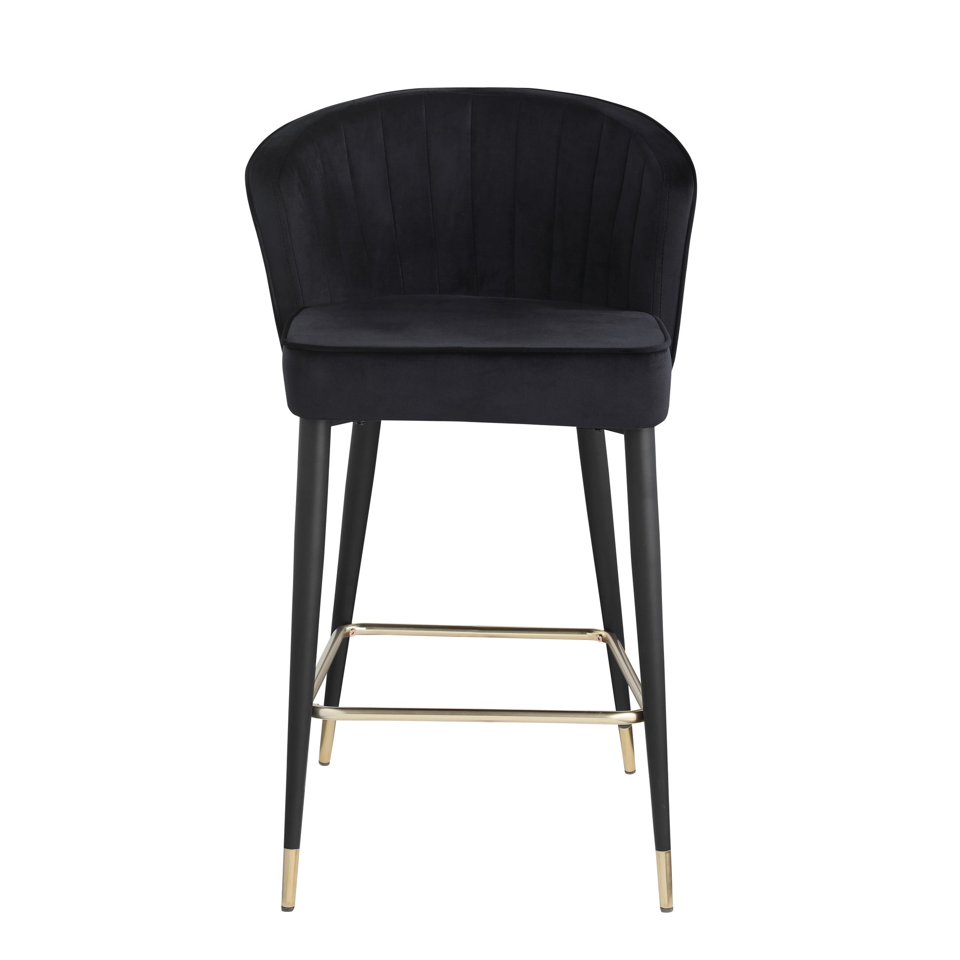 Contemporary Velvet Upholstered Counter Height Stool With Deep Channel Tufting And Gold Tipped, Black Metal Legs, 20" W X 21" D X 36.5" H, Black Black Foam Metal