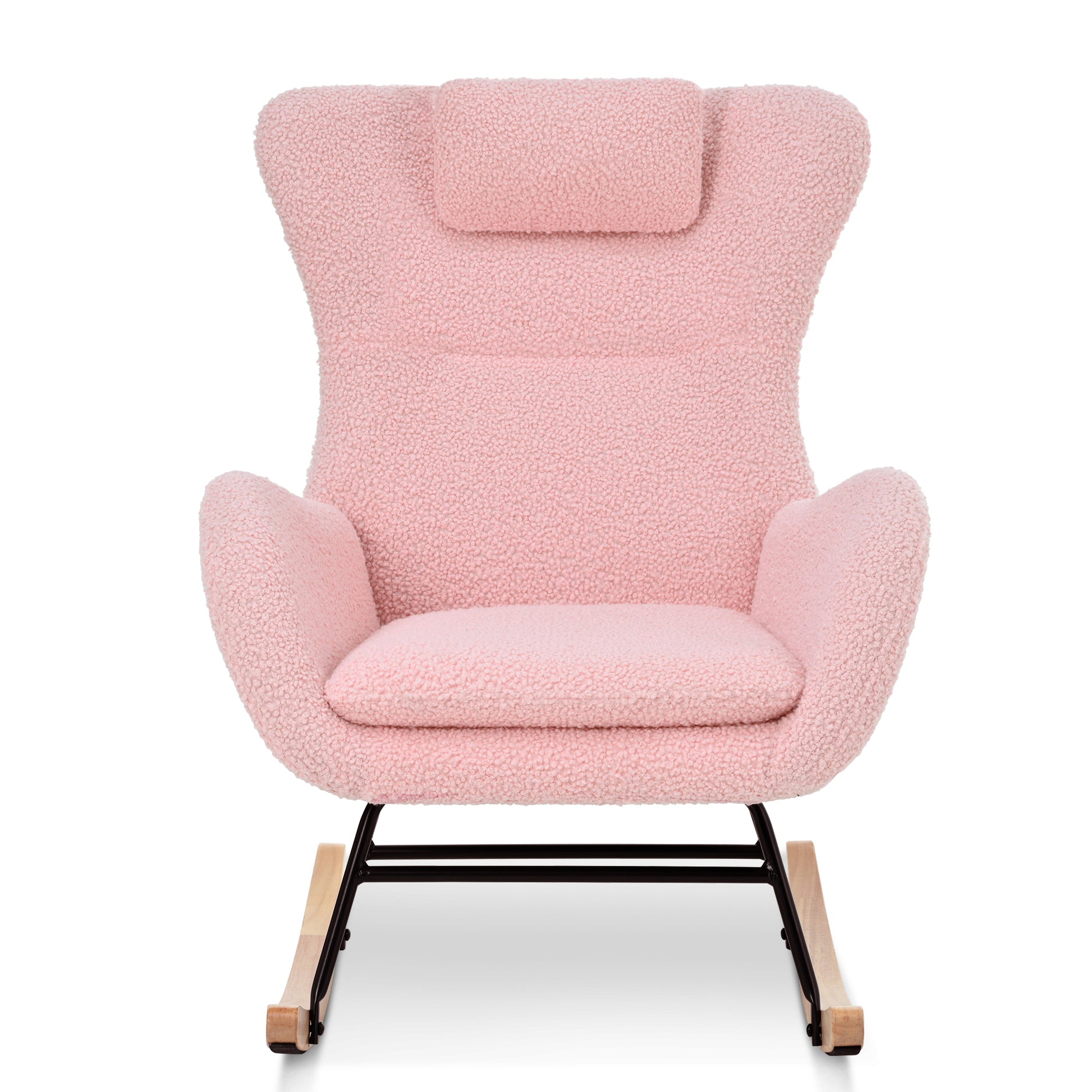 Rocking Chair Nursery, Teddy Upholstered Rocker Glider Chair With High Backrest, Adjustable Headrest & Pocket, Comfy Glider Chair For Nursery, Bedroom, Living Room, Offices, Rubber Wood, Pink Pink Polyester