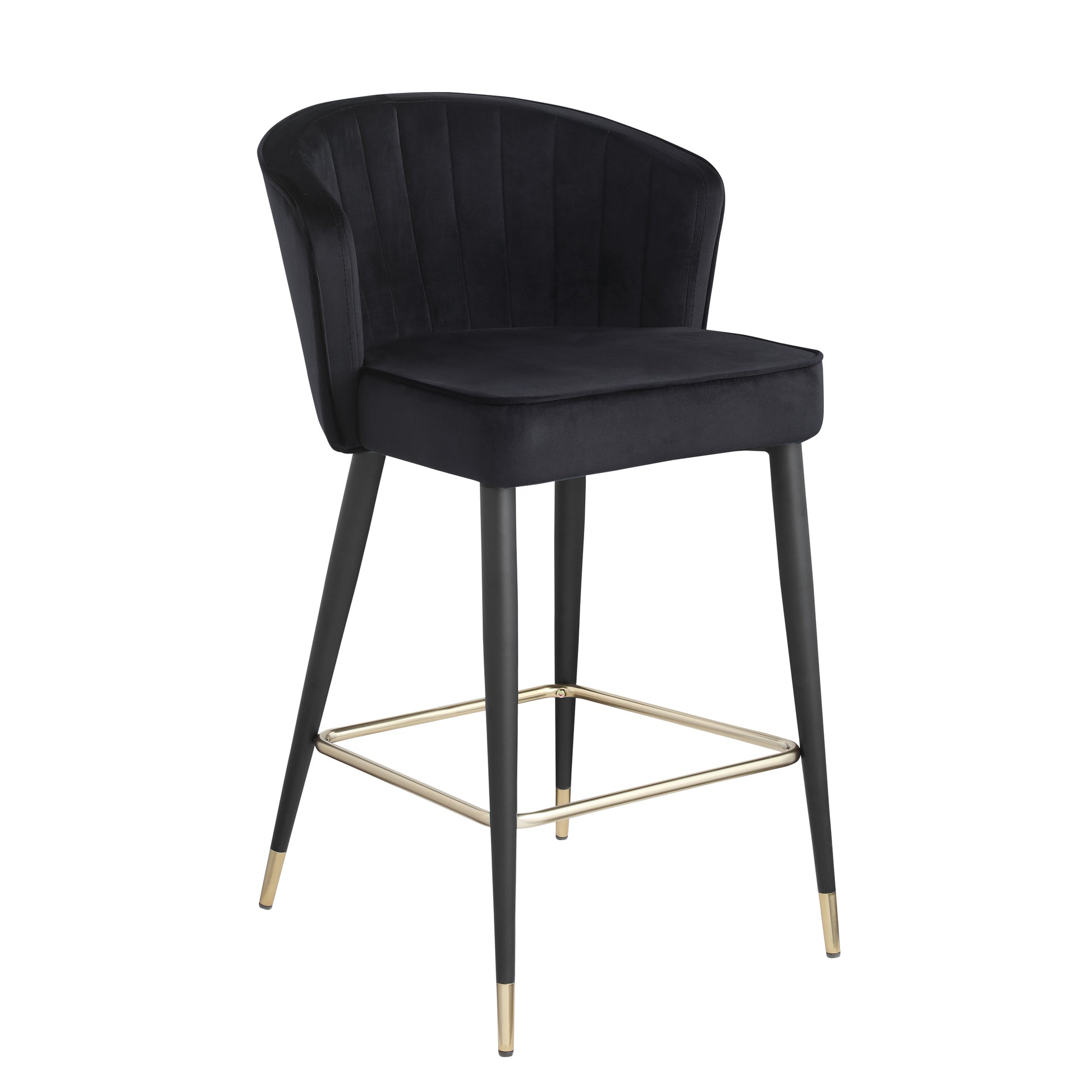 Contemporary Velvet Upholstered Counter Height Stool With Deep Channel Tufting And Gold Tipped, Black Metal Legs, 20" W X 21" D X 36.5" H, Black Black Foam Metal